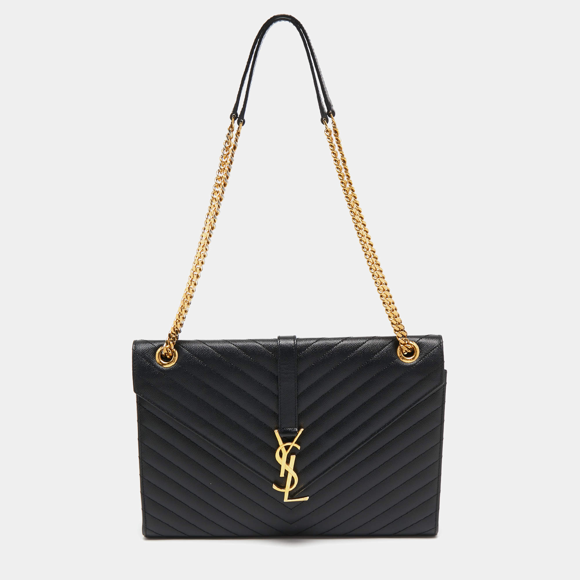 Pre Owned Saint Laurent Black Matelasse Leather Large Cassandre Flap Shoulder Bag