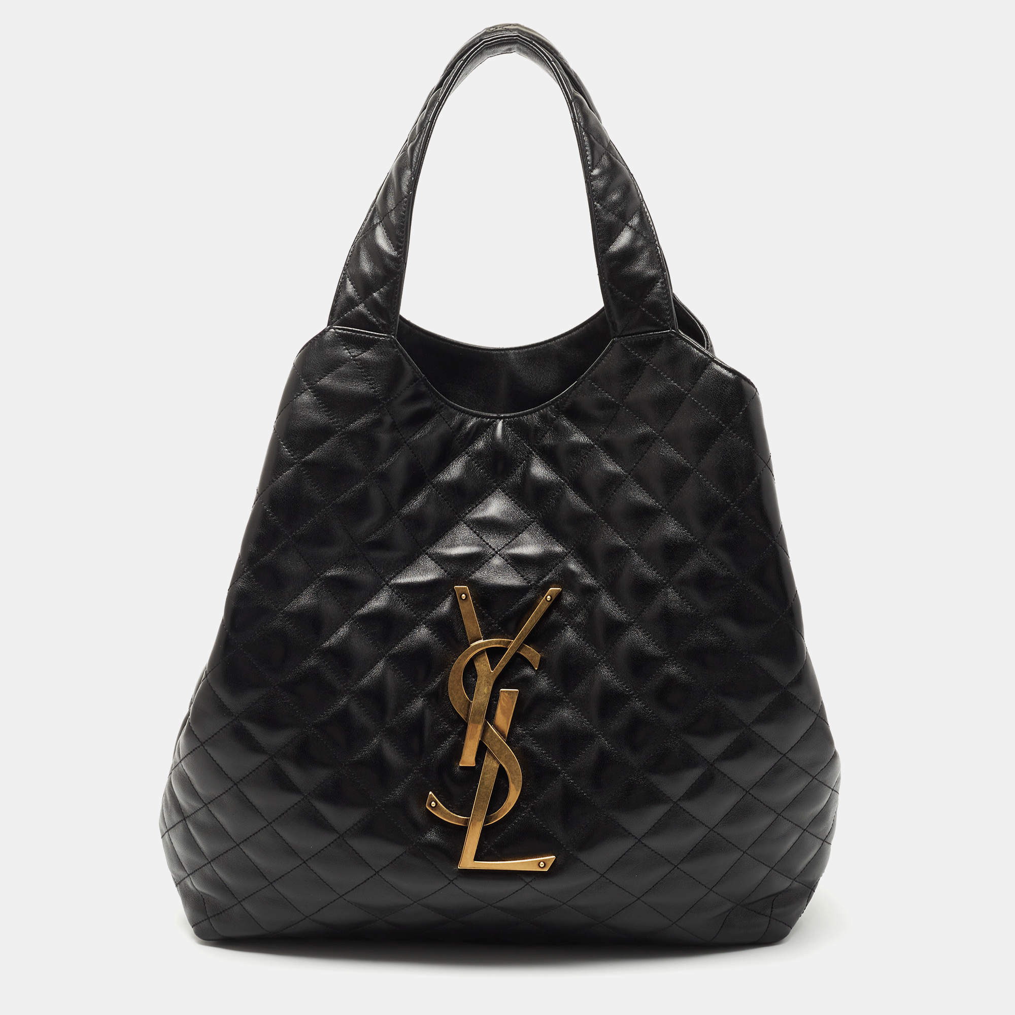 Pre Owned Saint Laurent Black Matelassé Leather Maxi Icare Shopper Tote