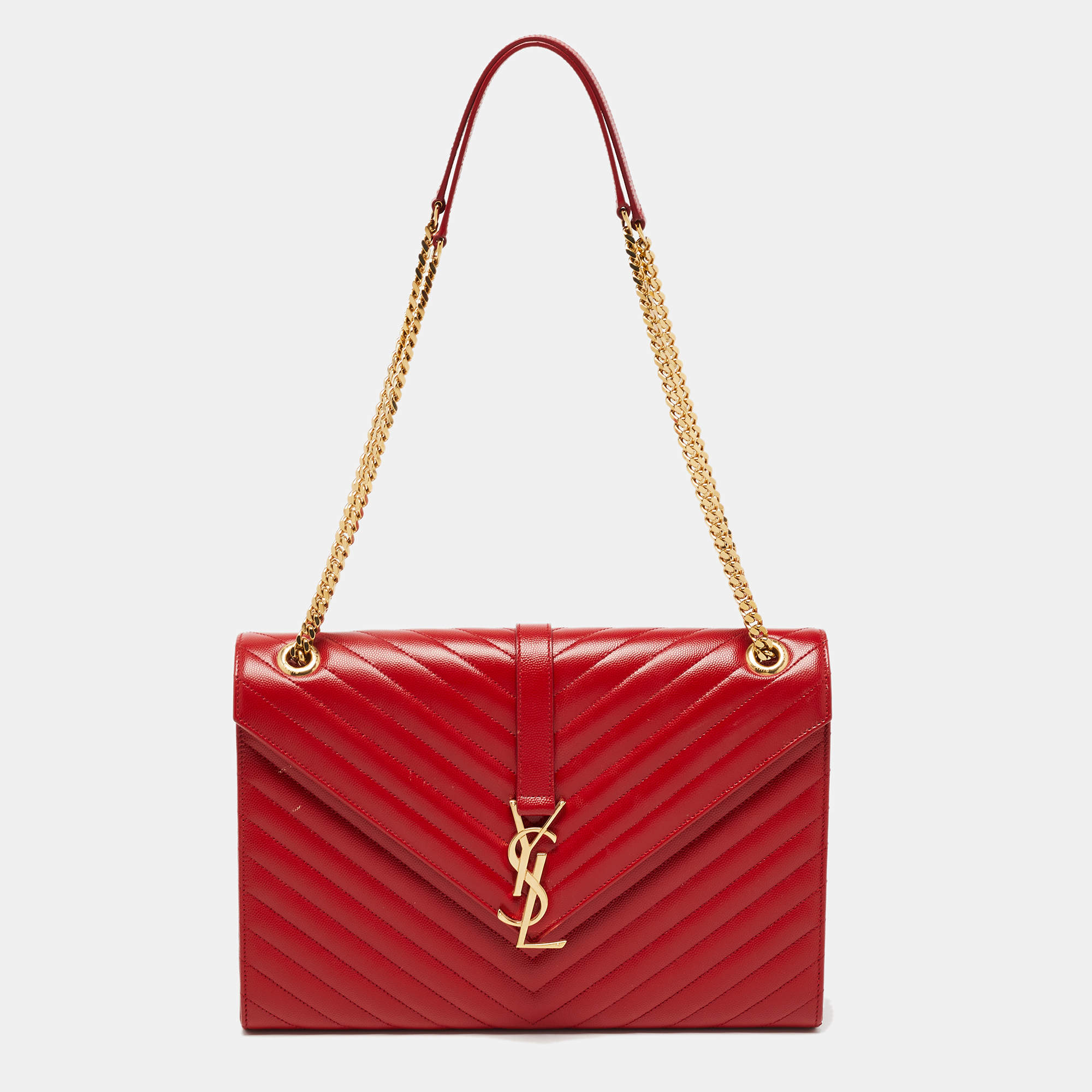 Saint Laurent Red Matelassé Leather Large Monogram Envelope Shoulder Bag