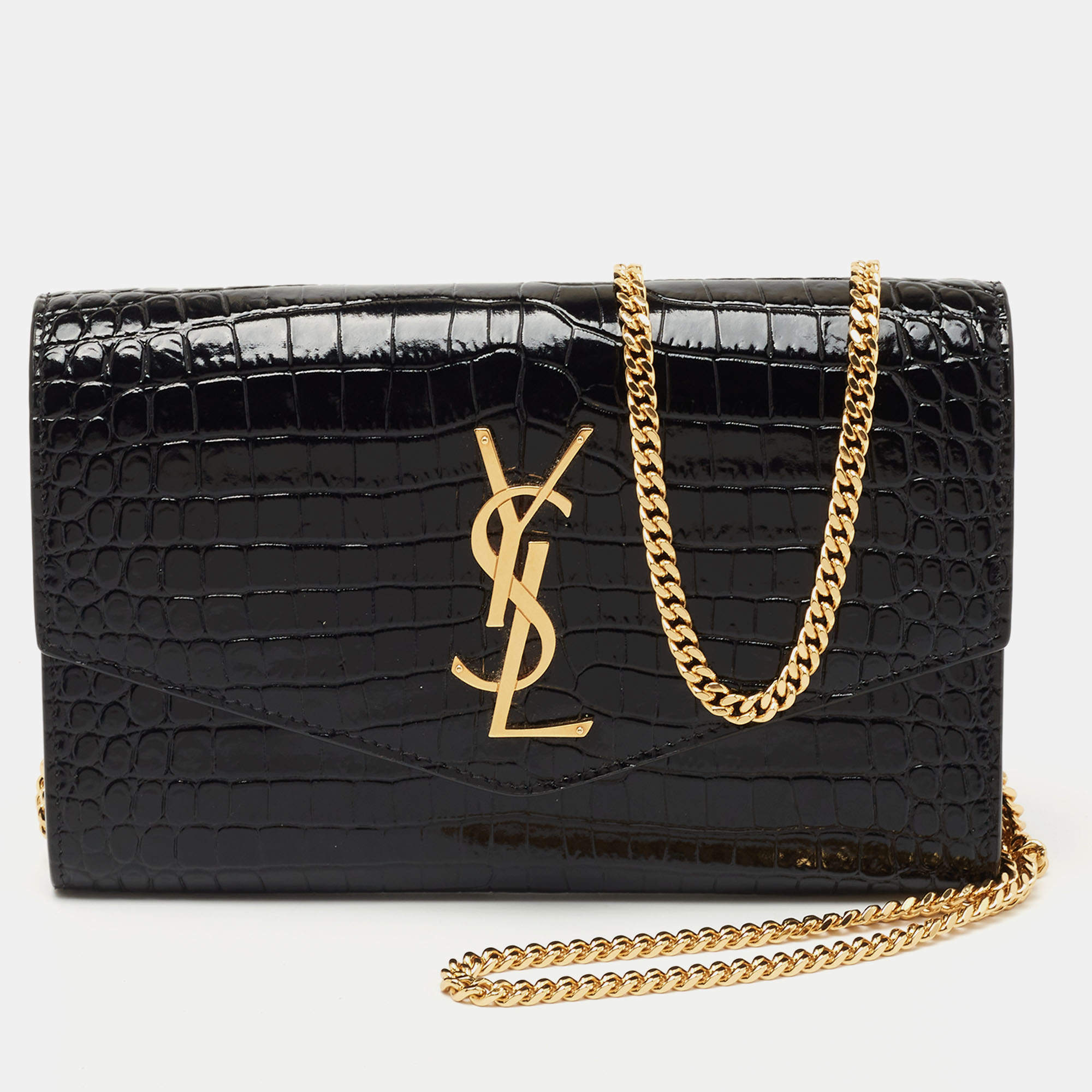 Saint Laurent Black Croc Embossed Leather Uptown Wallet on Chain
