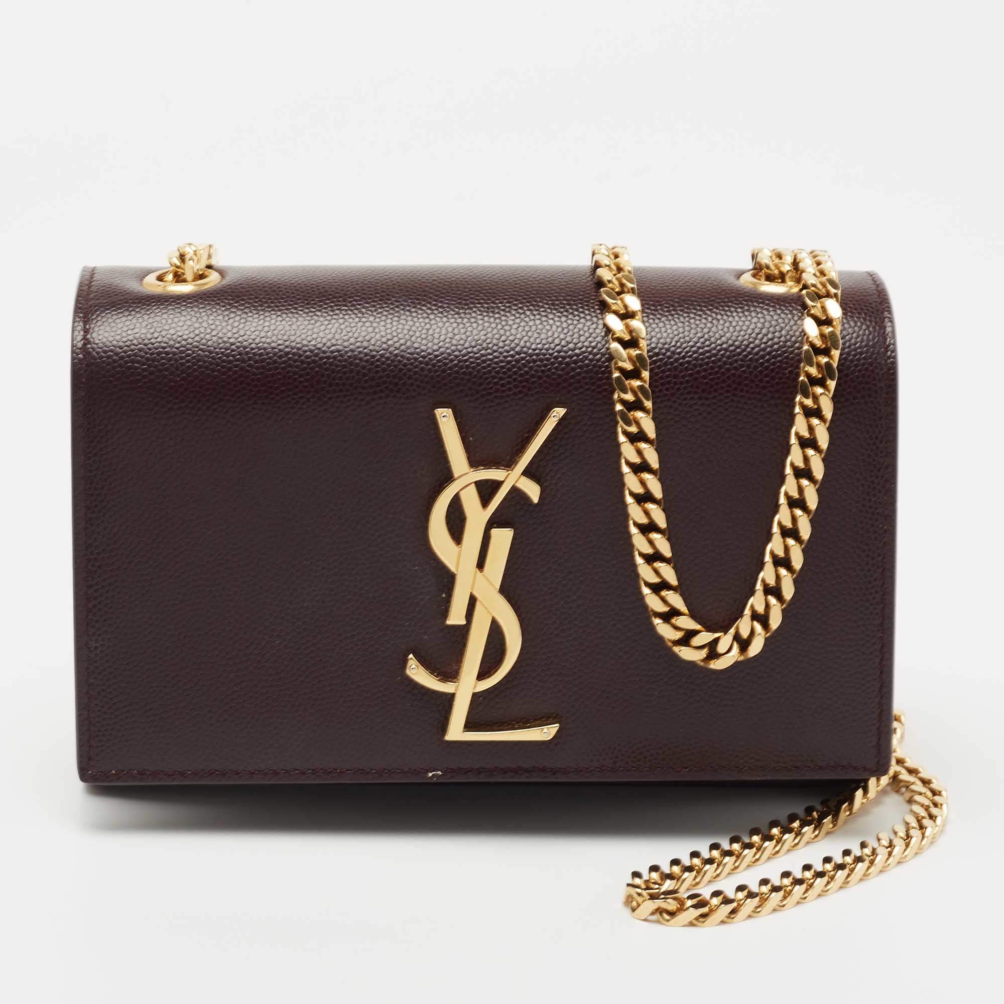 Pre Owned Saint Laurent Burgundy Leather Small Monogram Kate Chain Bag