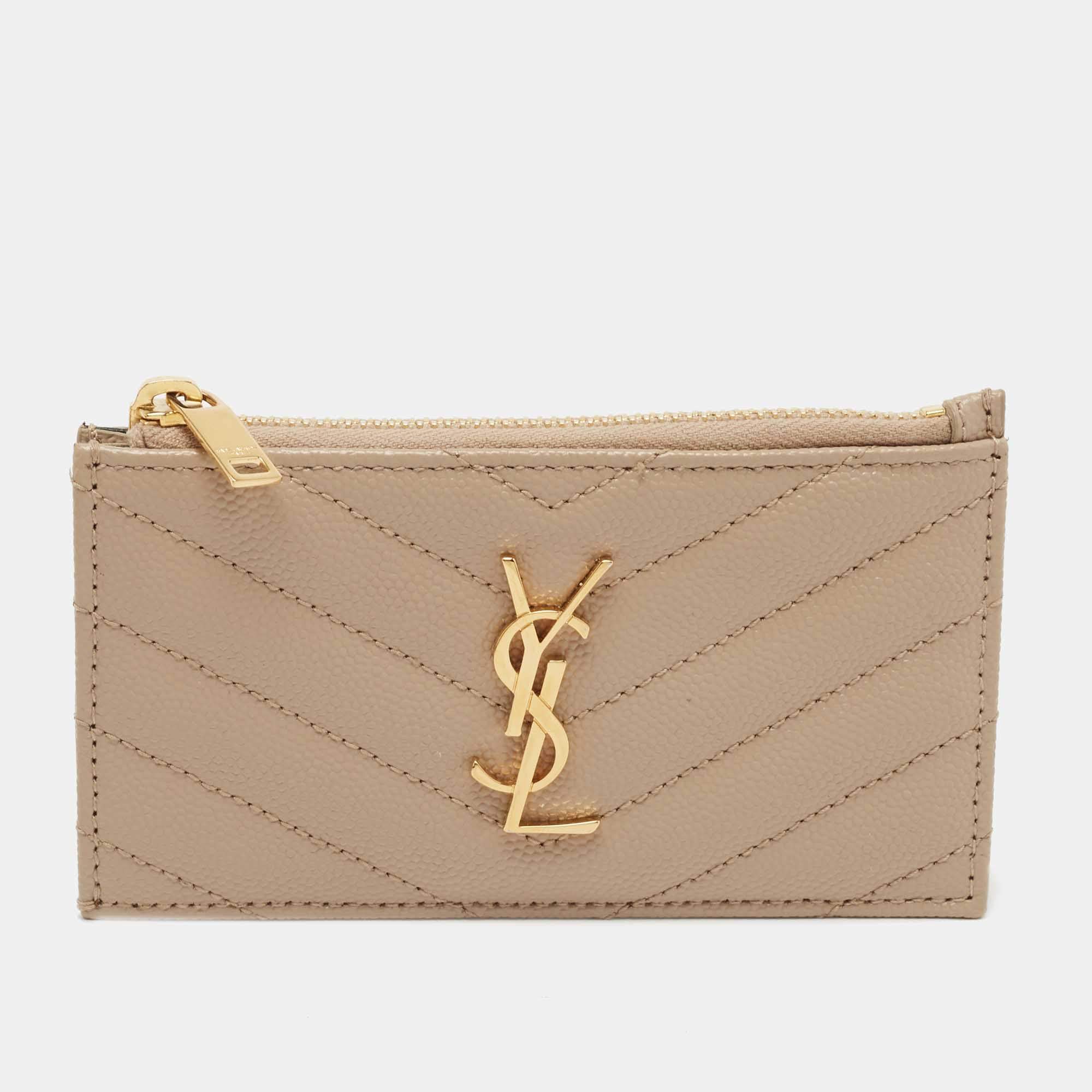 Pre Owned Saint Laurent Beige Matelasse Leather Cassandra Zip Card Case