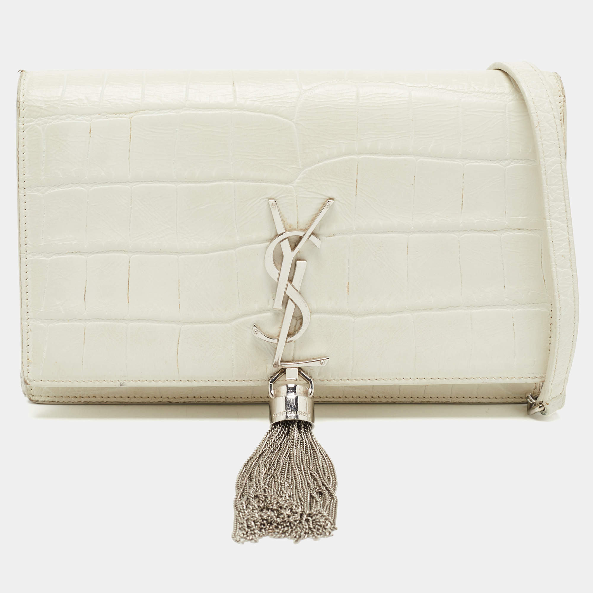 مملوكة مسبقًا Saint Laurent White Croc Embossed Leather Kate Tassel Chain Wallet