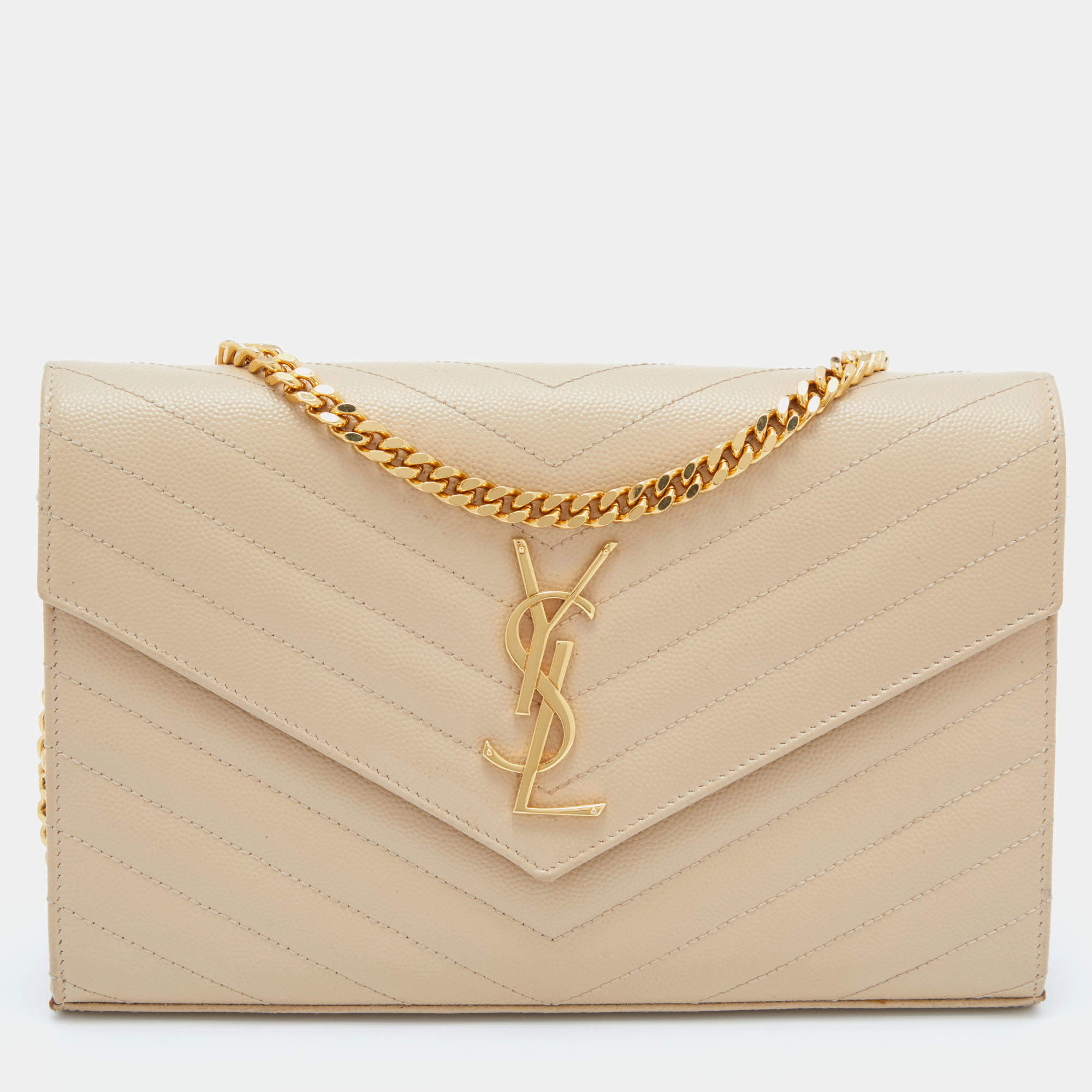 Saint Laurent Beige Matelassé Leather Cassandre Wallet on Chain