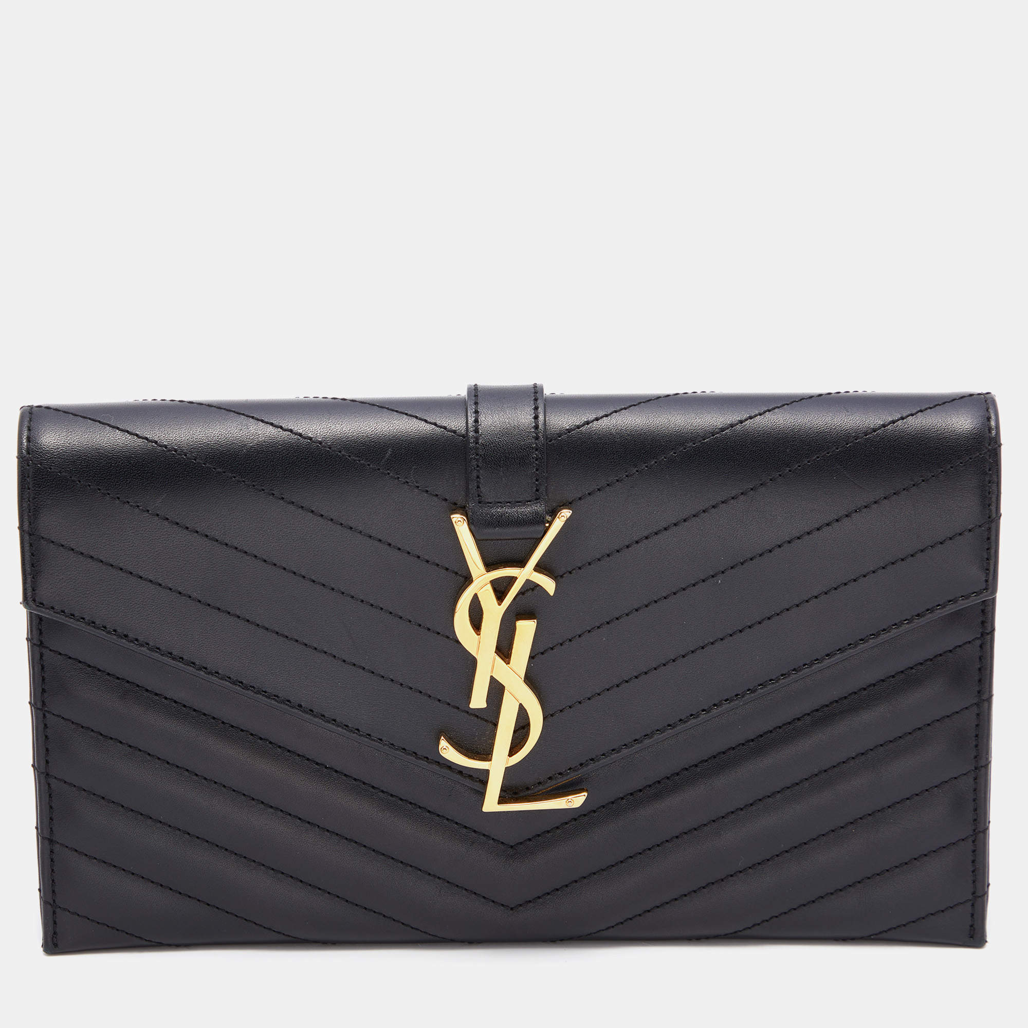 Saint Laurent Black Matelassé Leather Monogram Flap Clutch