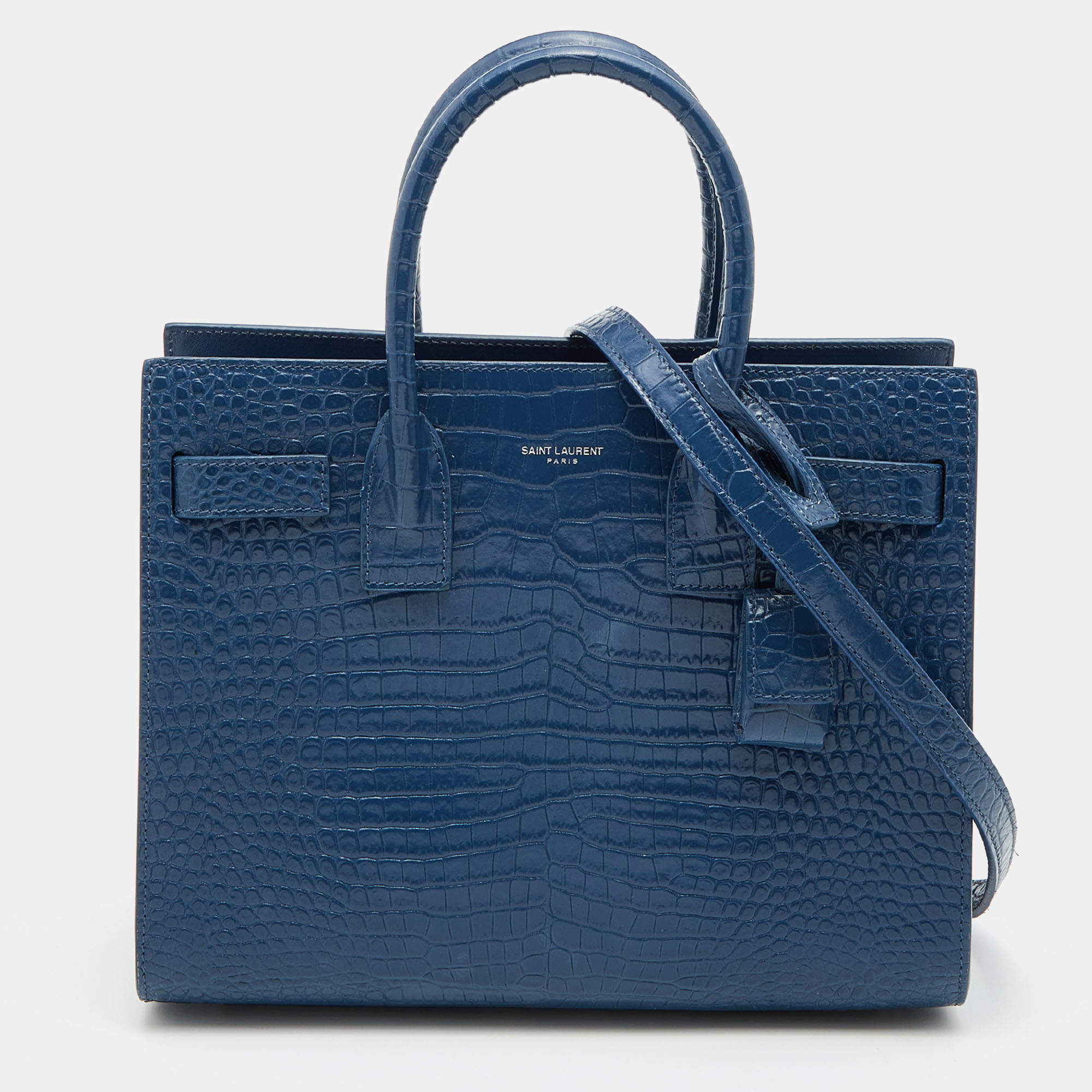 Pre Owned Saint Laurent Blue Croc Embossed Leather Baby Classic Sac De Jour Tote