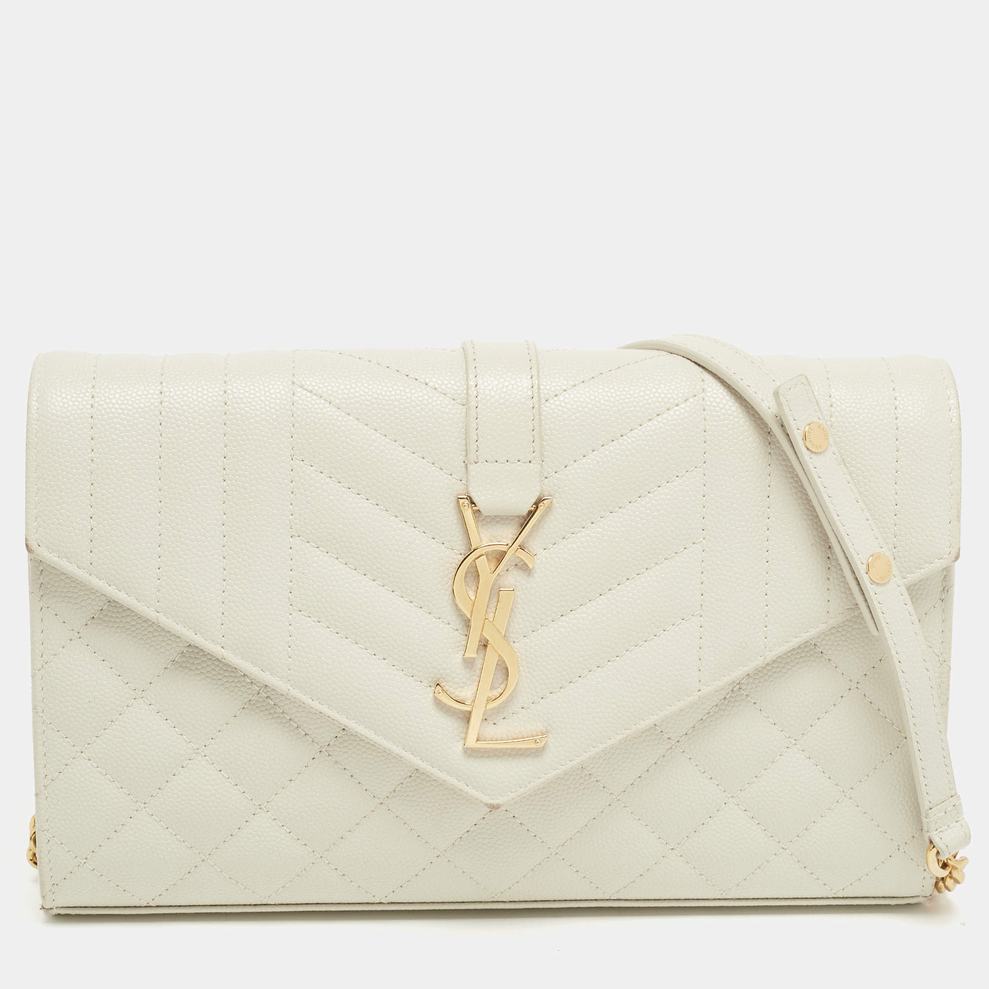 Saint Laurent White Mix Matelassé Leather Monogram Flap Chain Clutch