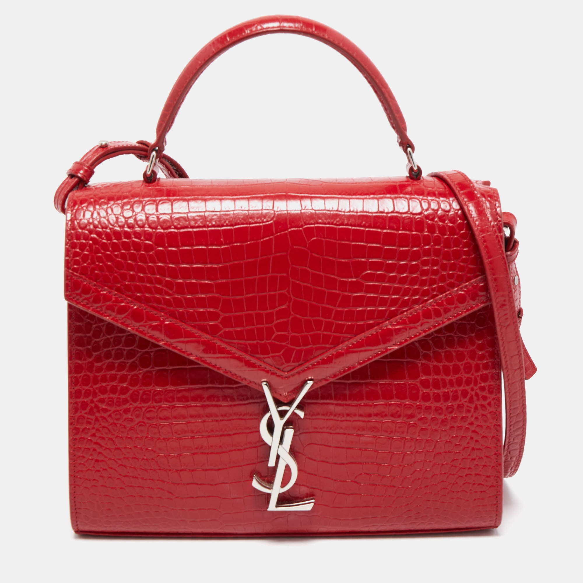 Saint Laurent Red Croc Embossed Leather Medium Cassandra Top Handle Bag