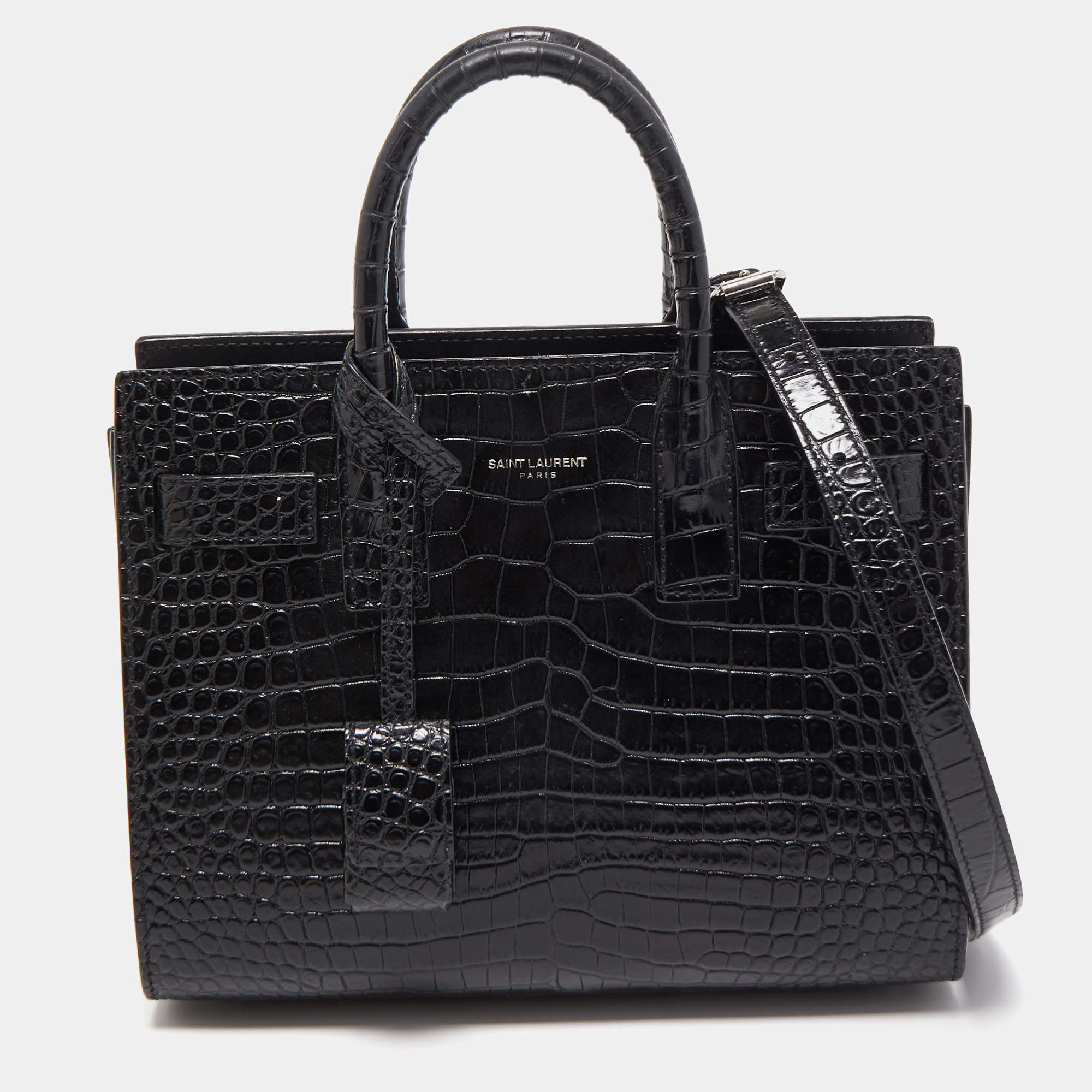 Pre Owned Saint Laurent Black Croc Embossed Leather Nano Classic Sac De Jour Tote