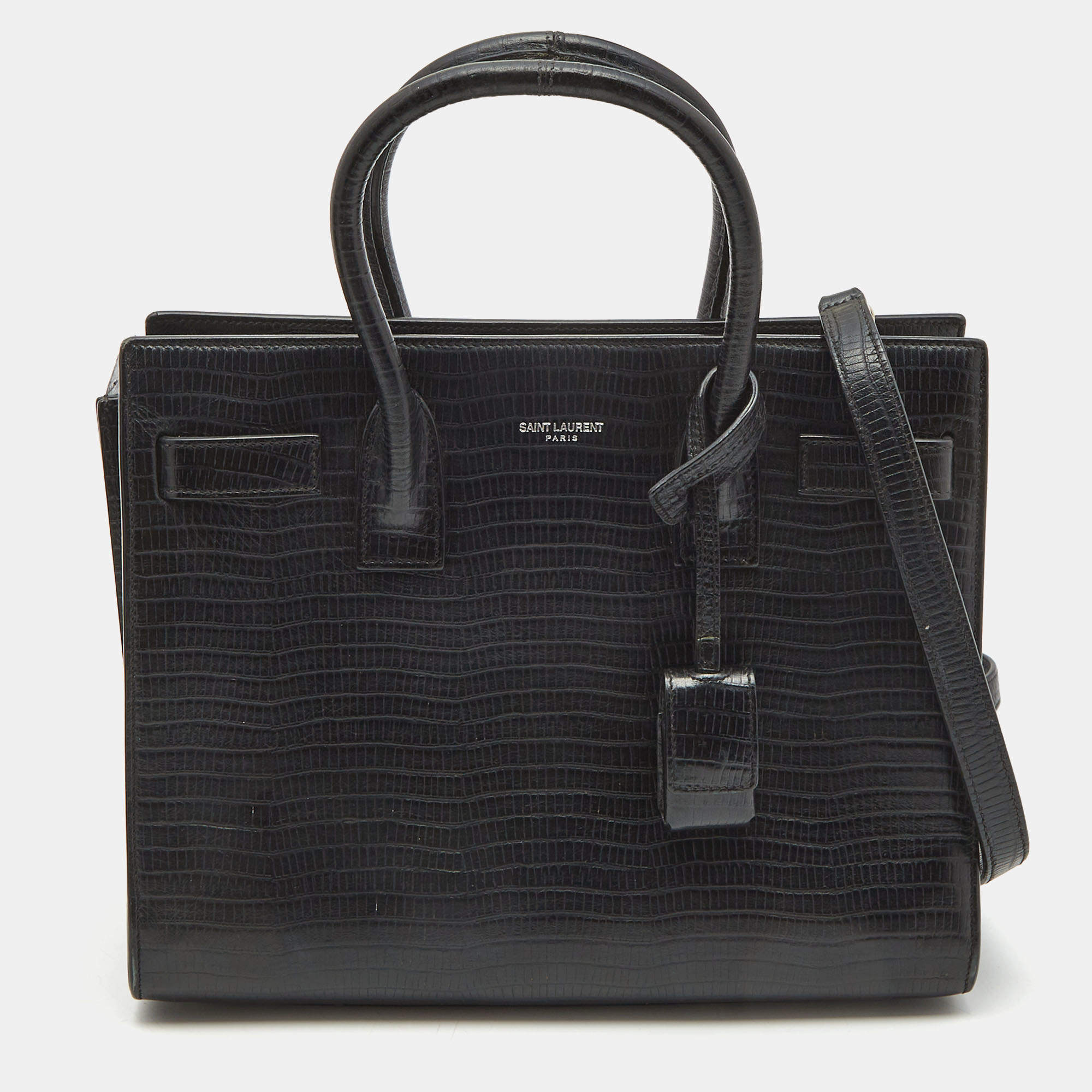 Saint Laurent Black Lizard Embossed Leather Baby Classic Sac De Jour Tote