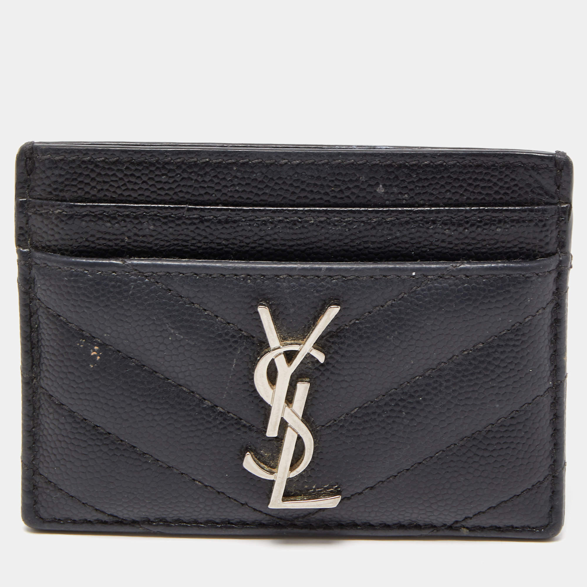 Pre Owned Saint Laurent Black Matelassé Leather Cassandre Card Holder