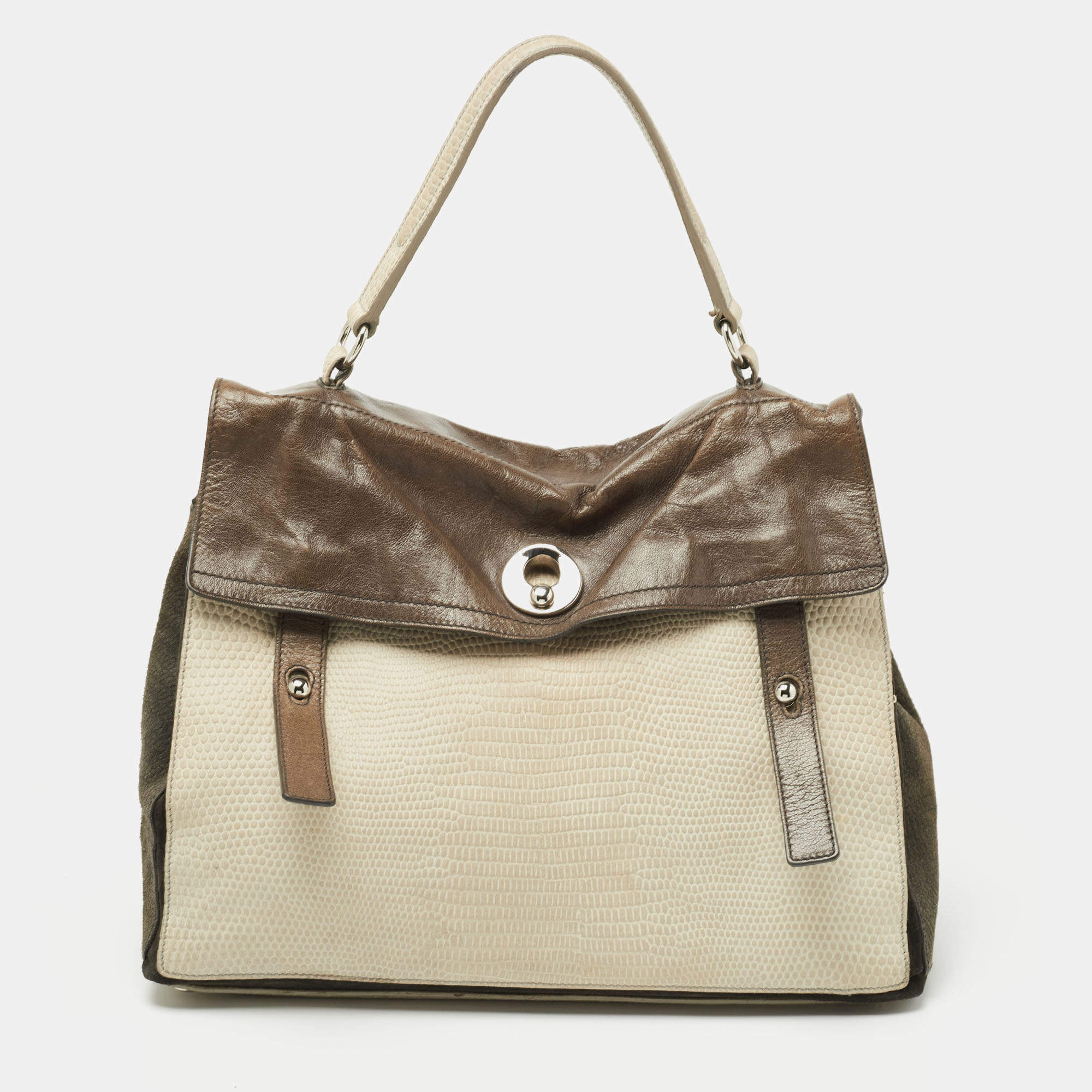 Pre Owned حقيبة سان لوران باريس موس جلد برونزي بيدين علويتين كبيرة