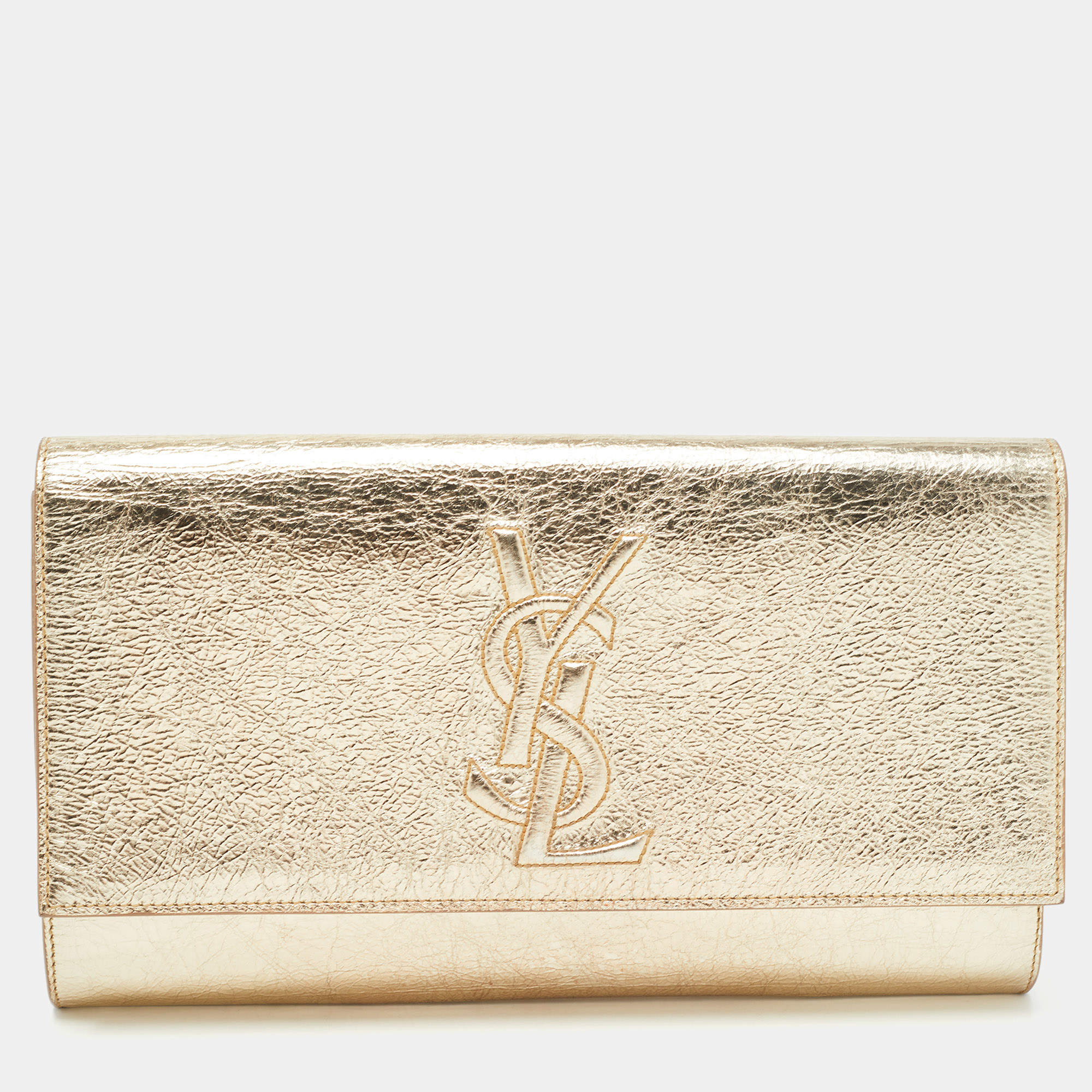 Pre Owned Saint Laurent Metallic Gold Leather Belle De Jour Flap Clutch