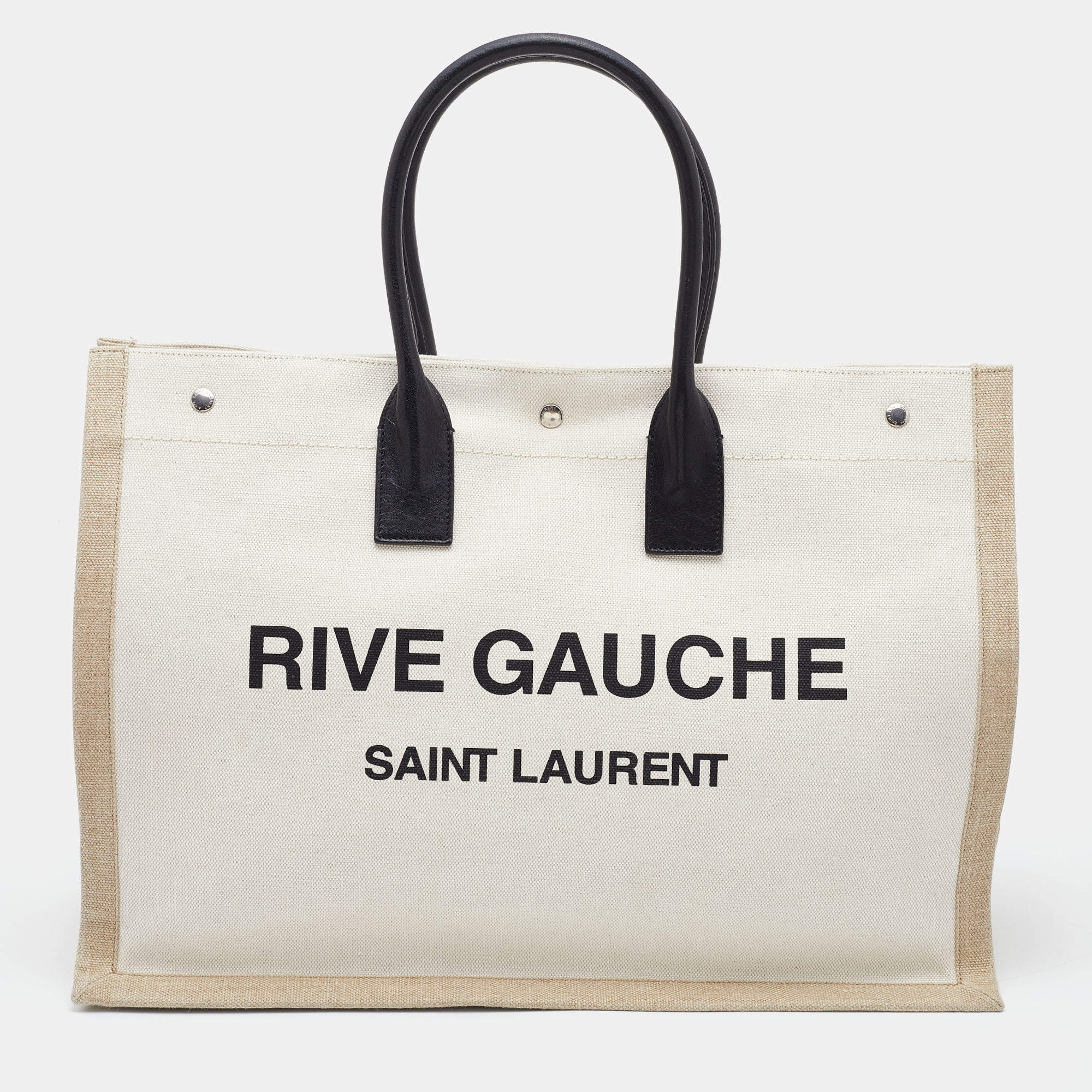 Saint Laurent Rive Gauche Tote Bag In Beige Linen And Cognac Leather in  Natural