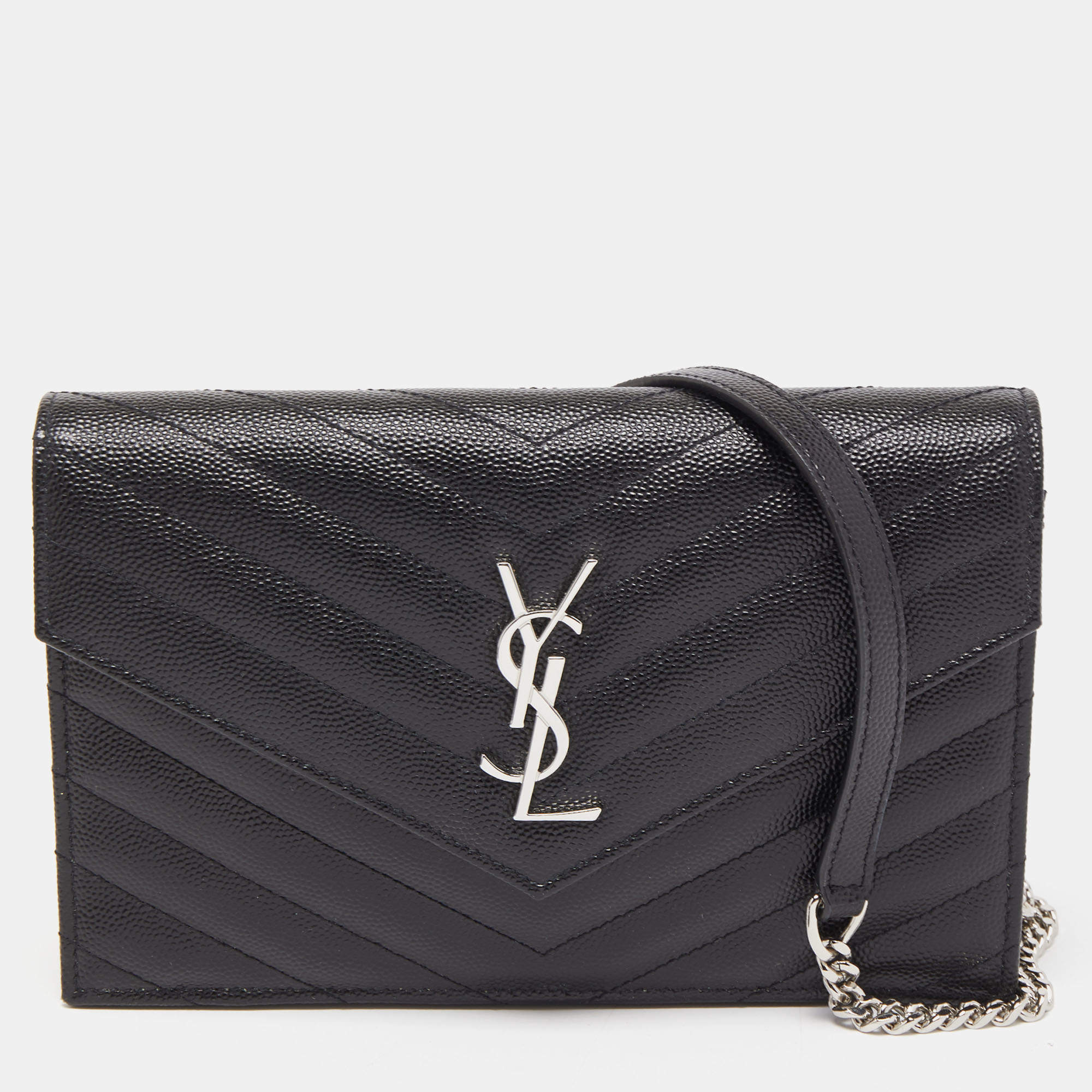 Saint Laurent Black Leather Cassandre Chain Clutch Saint