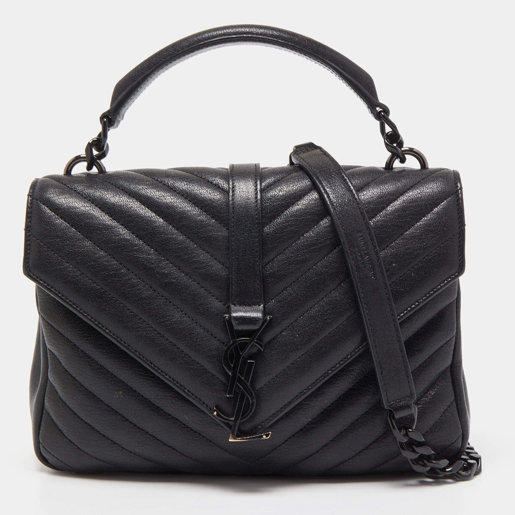 Saint Laurent Black Matelassé Leather Medium College Top Handle Bag