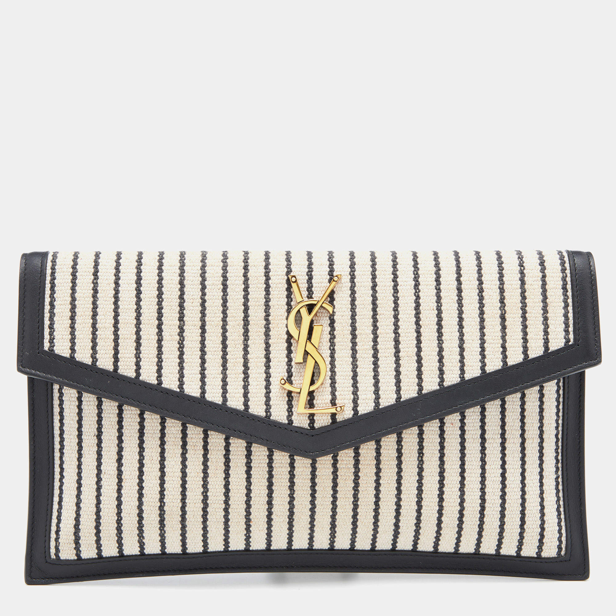 Saint Laurent Beige/Black Striped Canvas and Leather Medium Uptown Clutch