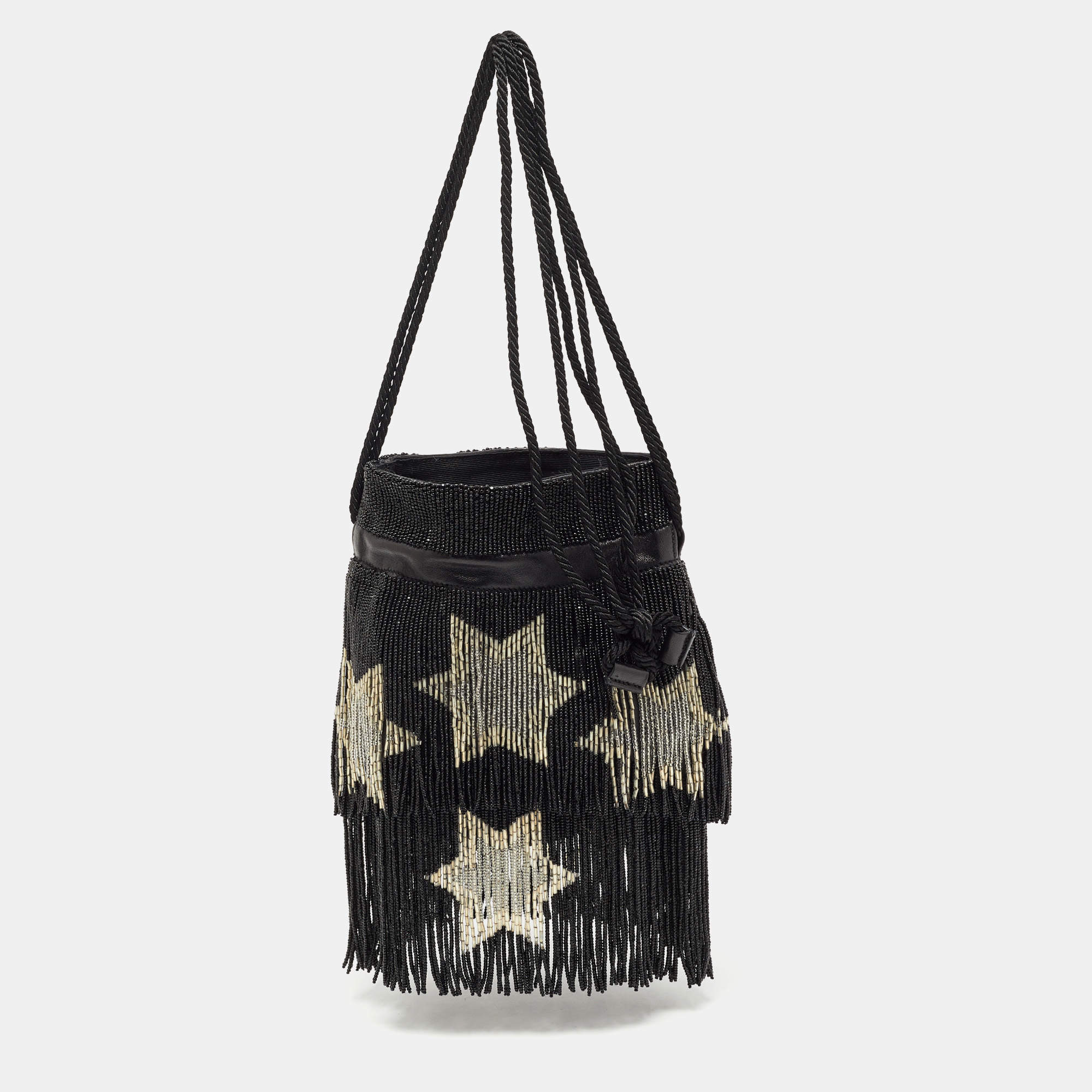 Pre Owned Saint Laurent Black Beads and Leather Fringed Small Shoulder Bag