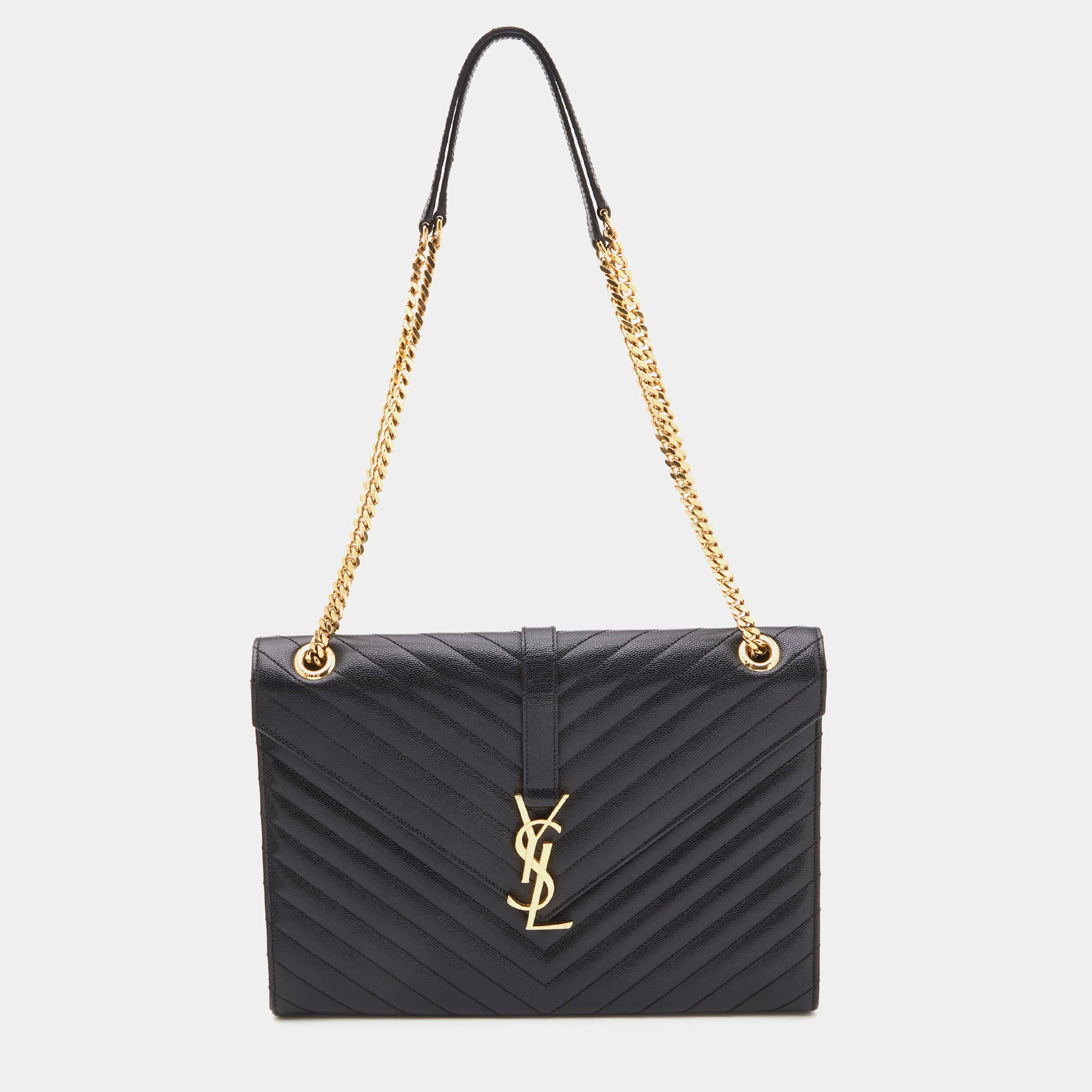 Saint Laurent Black Matelassé Leather Large Monogram Envelope Shoulder Bag