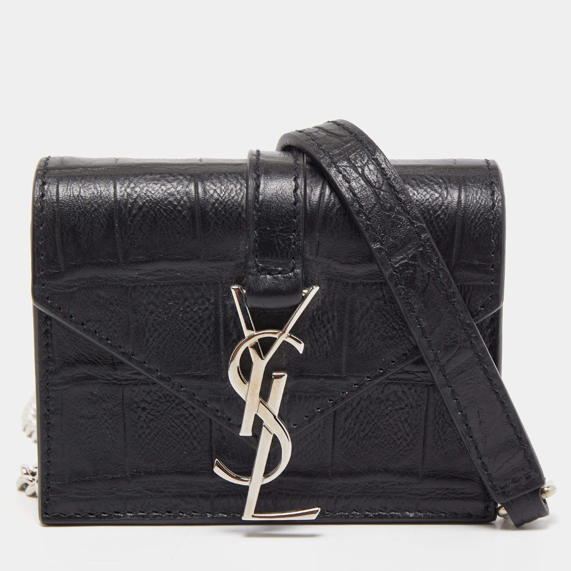 Saint Laurent Black Croc Embossed Leather Mini Candy Chain Wallet