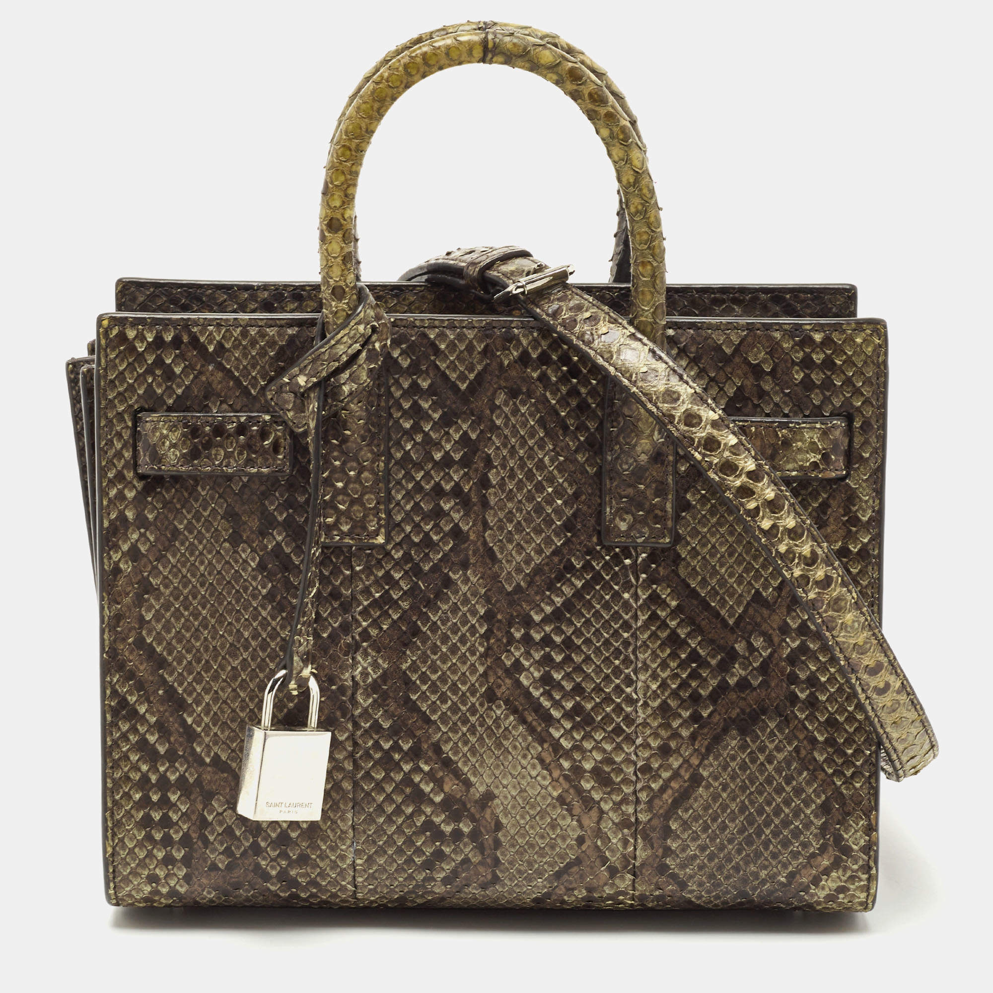Pre Owned Saint Laurent Green/Black Python Nano Classic Sac De Jour Tote