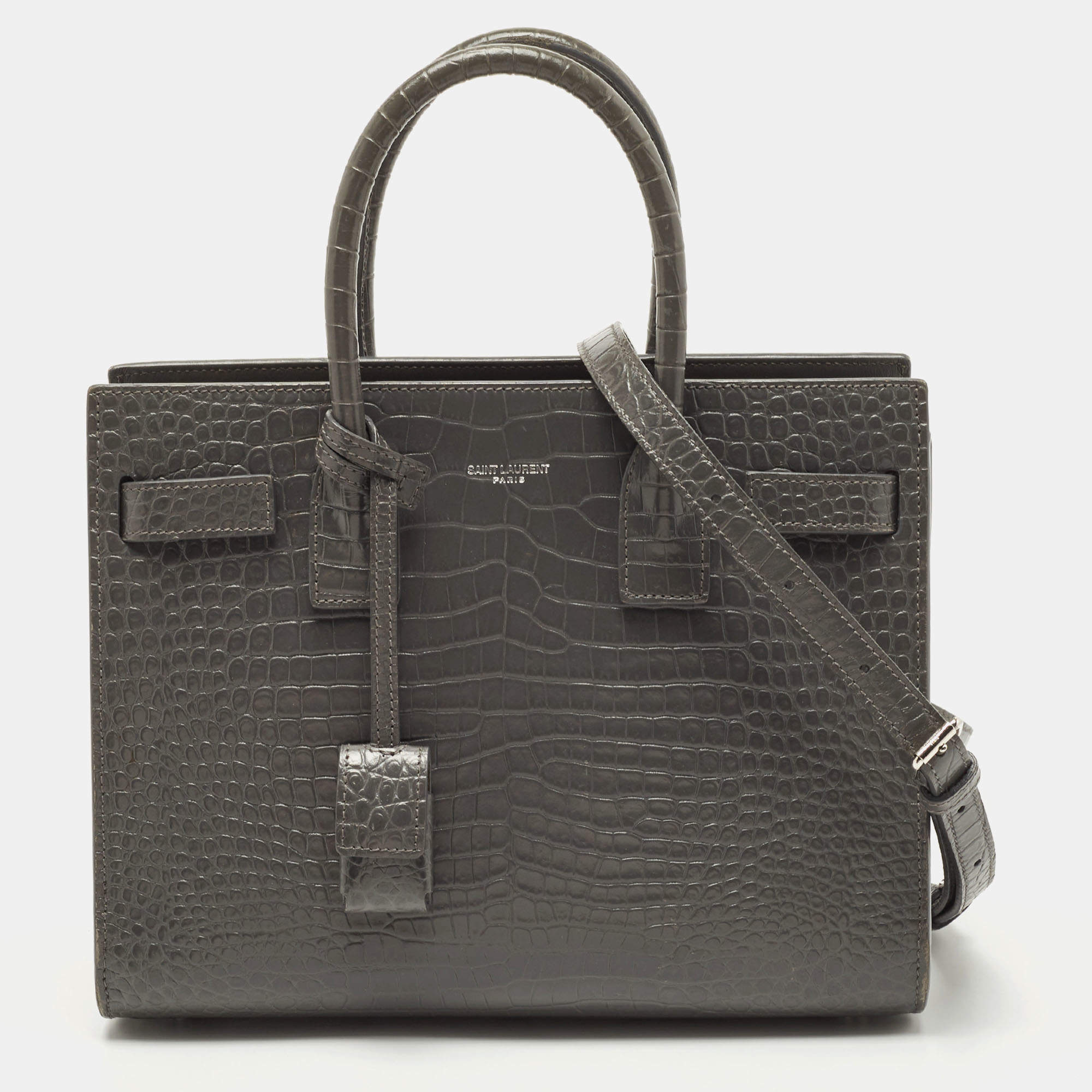 Pre Owned Saint Laurent Grey Croc Embossed Leather Baby Classic Sac De Jour Tote
