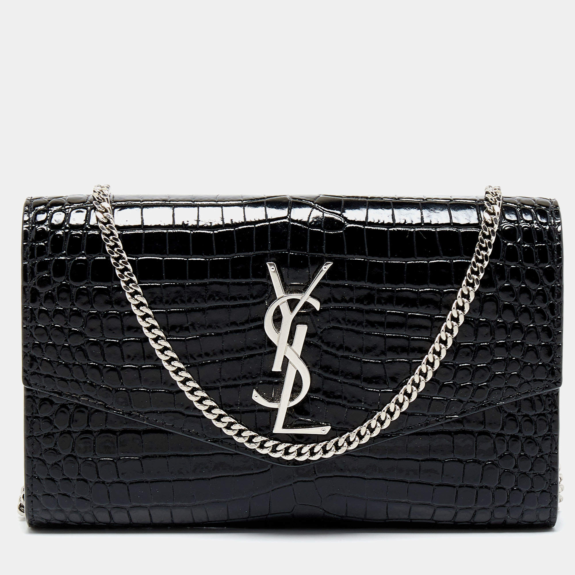 Saint Laurent Black Croc Embossed Leather Uptown Wallet on Chain