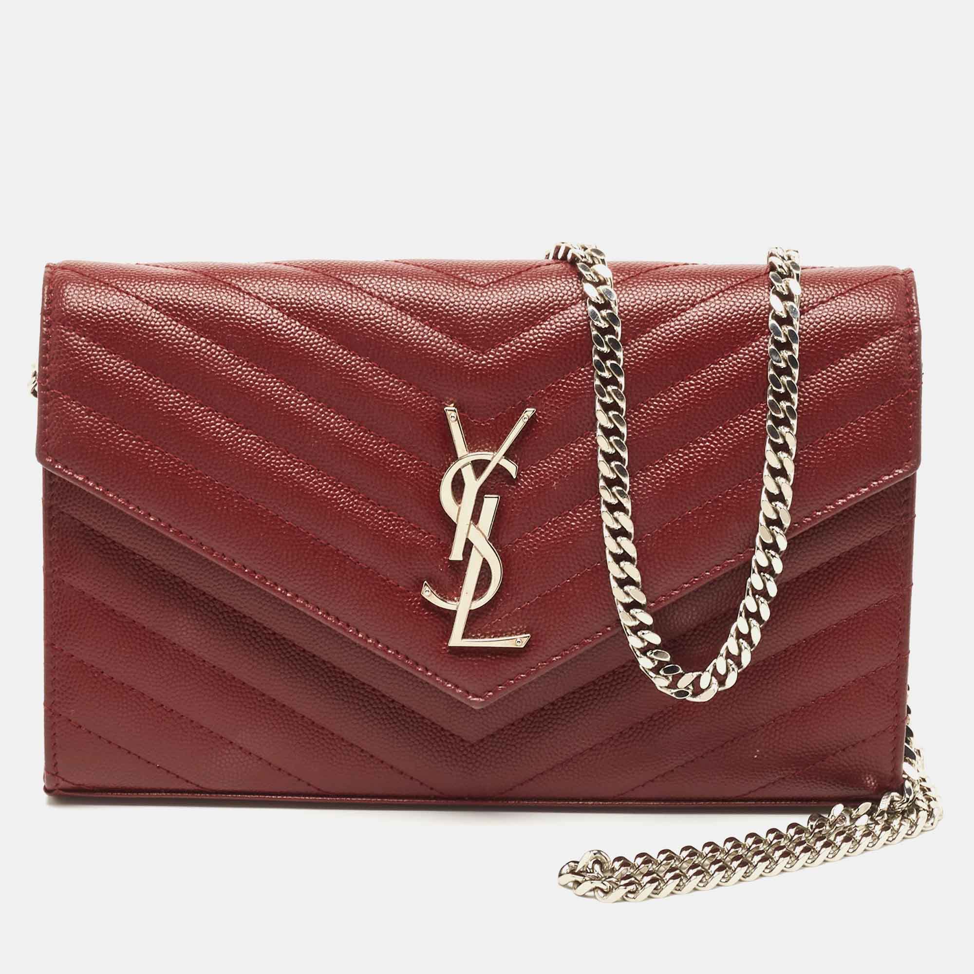 Saint Laurent Red Matelassé Leather Cassandre Wallet on Chain