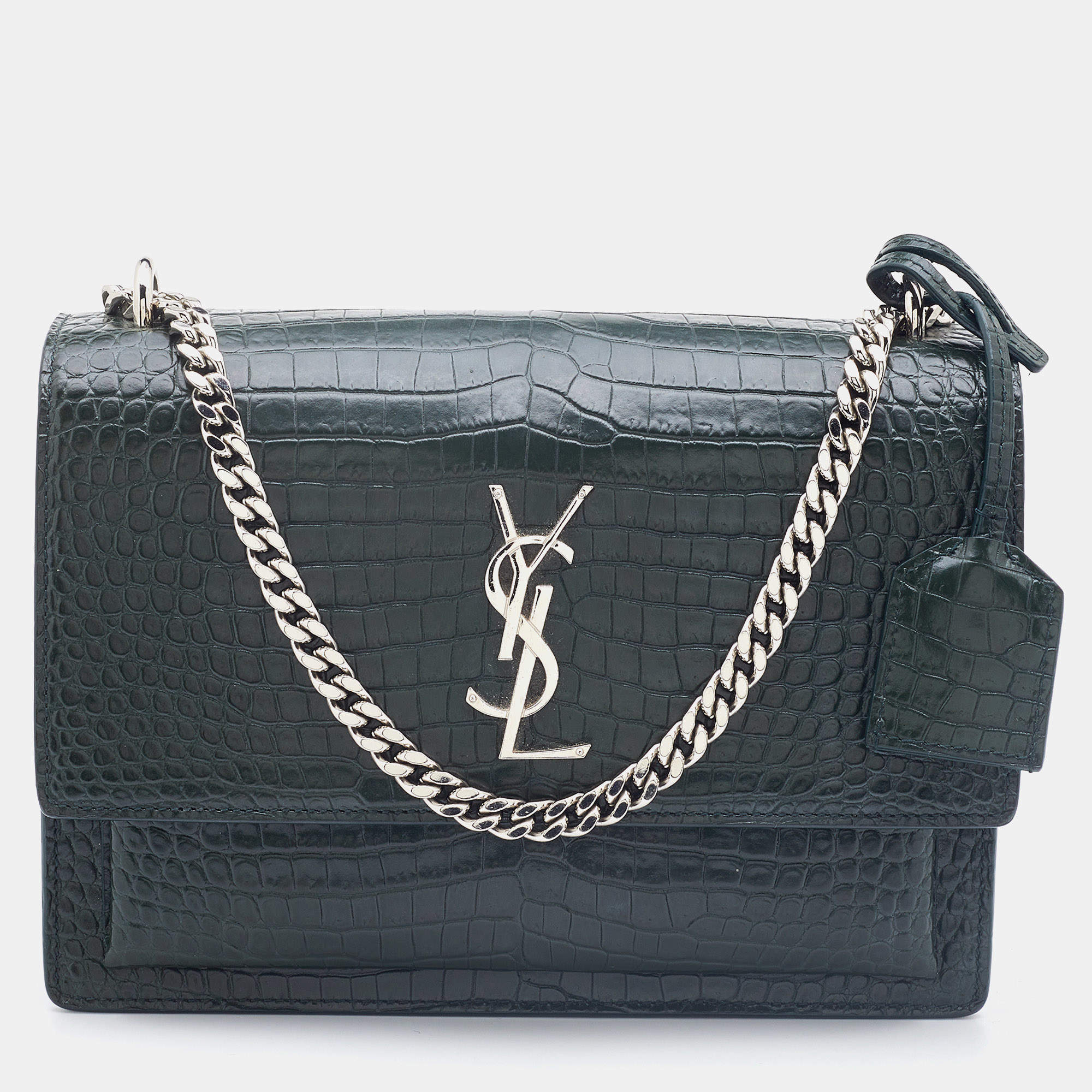 Saint Laurent Green Croc Embossed Leather Medium Sunset Shoulder