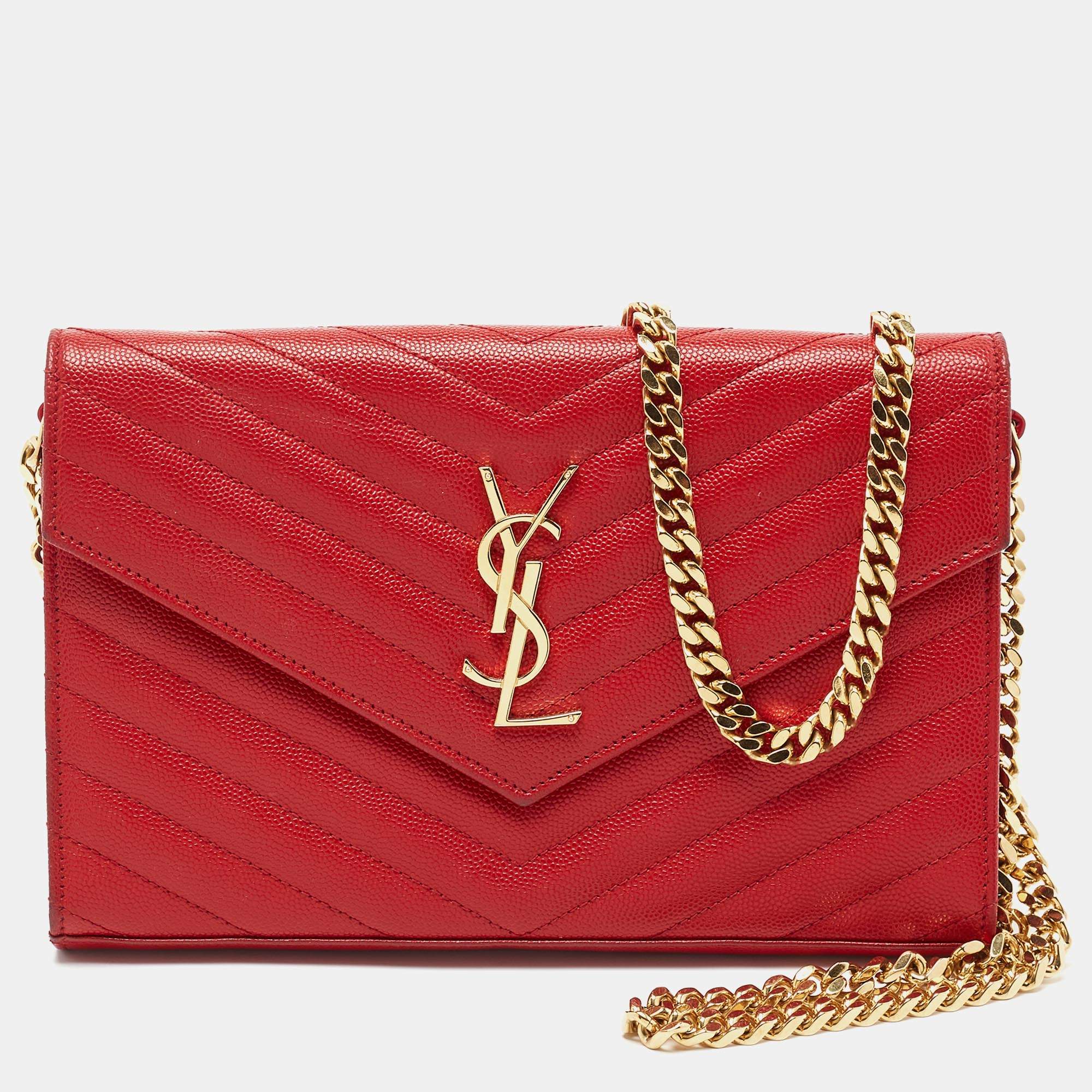 Saint Laurent Red Matelasse Leather Monogram Envelope Wallet on Chain