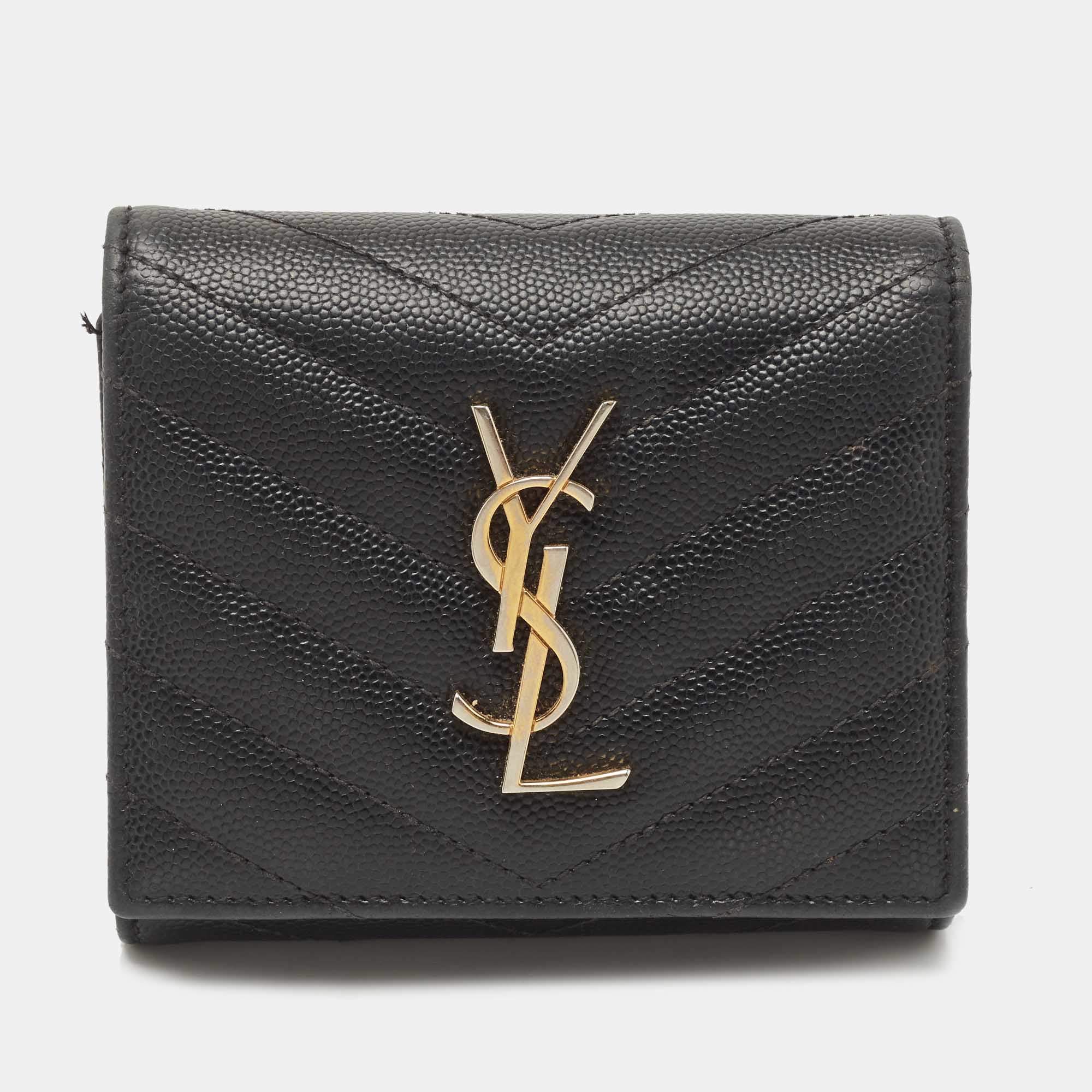 Pre Owned Saint Laurent Black Monogram Trifold Wallet