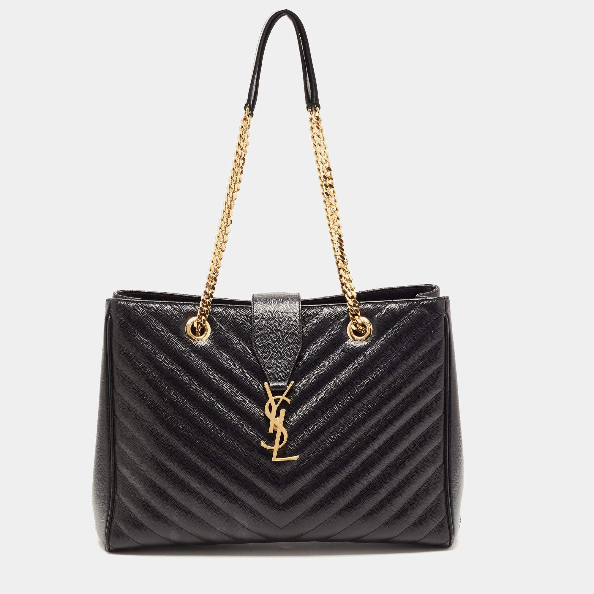 Saint Laurent Black Matelasse Leather Cassandre Shopper Tote
