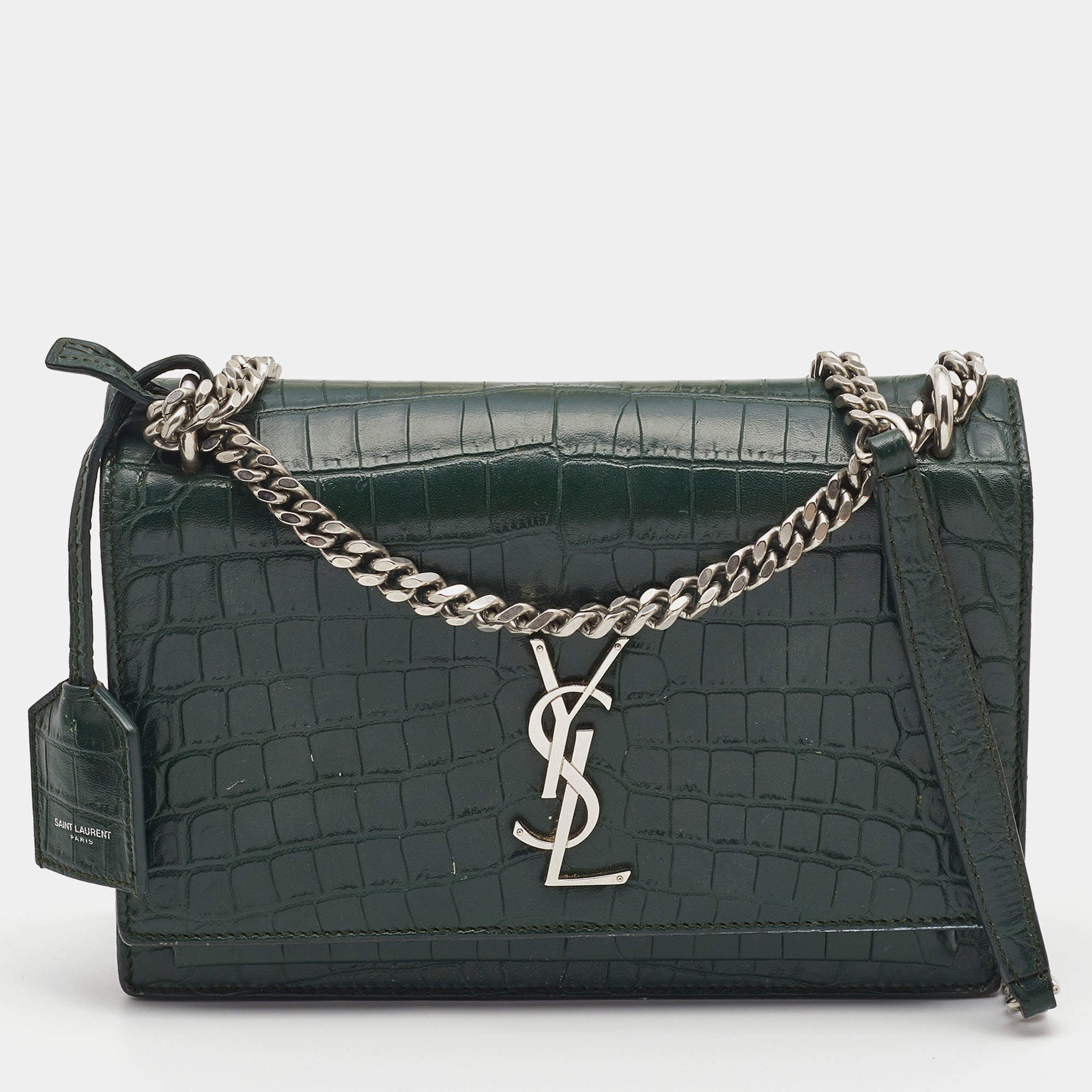 Pre Owned Saint Laurent Green Croc Embossed Leather Medium Sunset Shoulder Bag