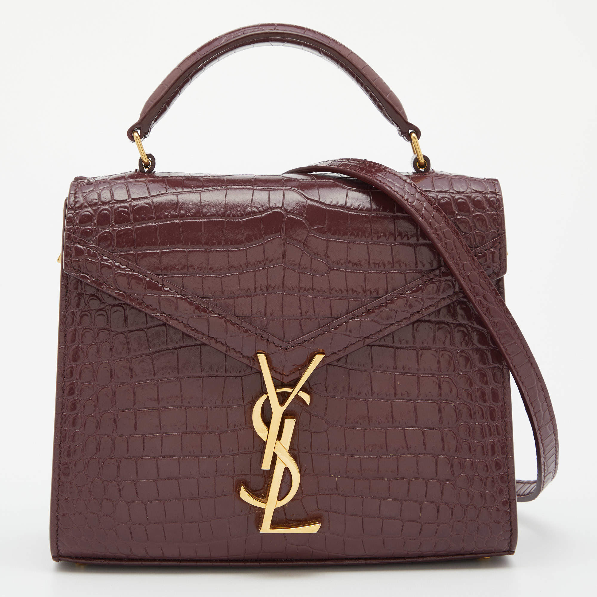 Pre Owned Saint Laurent Burgundy Croc Embossed Leather Mini Cassandra Top Handle Bag