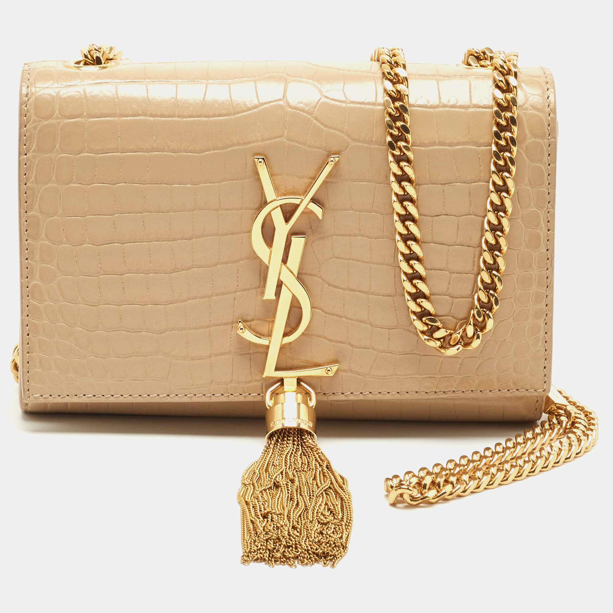 Saint Laurent Beige Croc Embossed Leather Small Kate Tassel Crossbody Bag