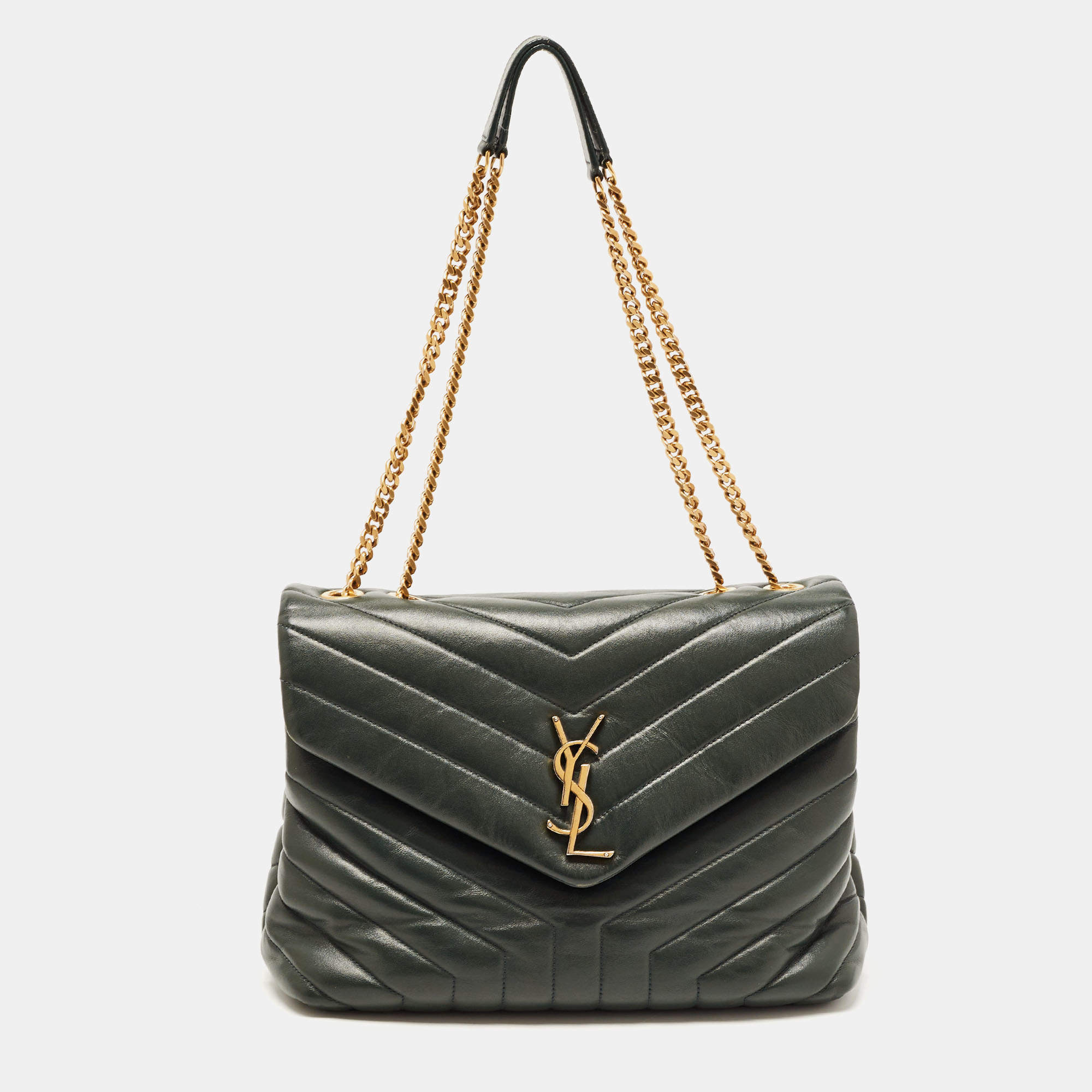 Saint Laurent Dark Green Matelassé Leather Medium LouLou Shoulder Bag
