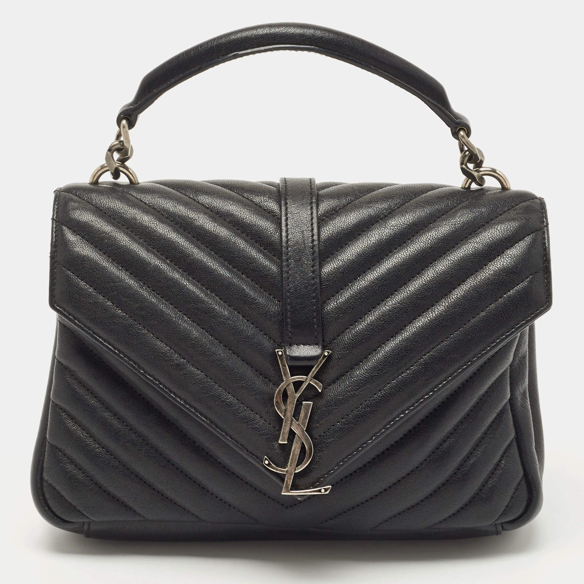 Saint Laurent Black Matelasse Leather Medium College Top Handle Bag