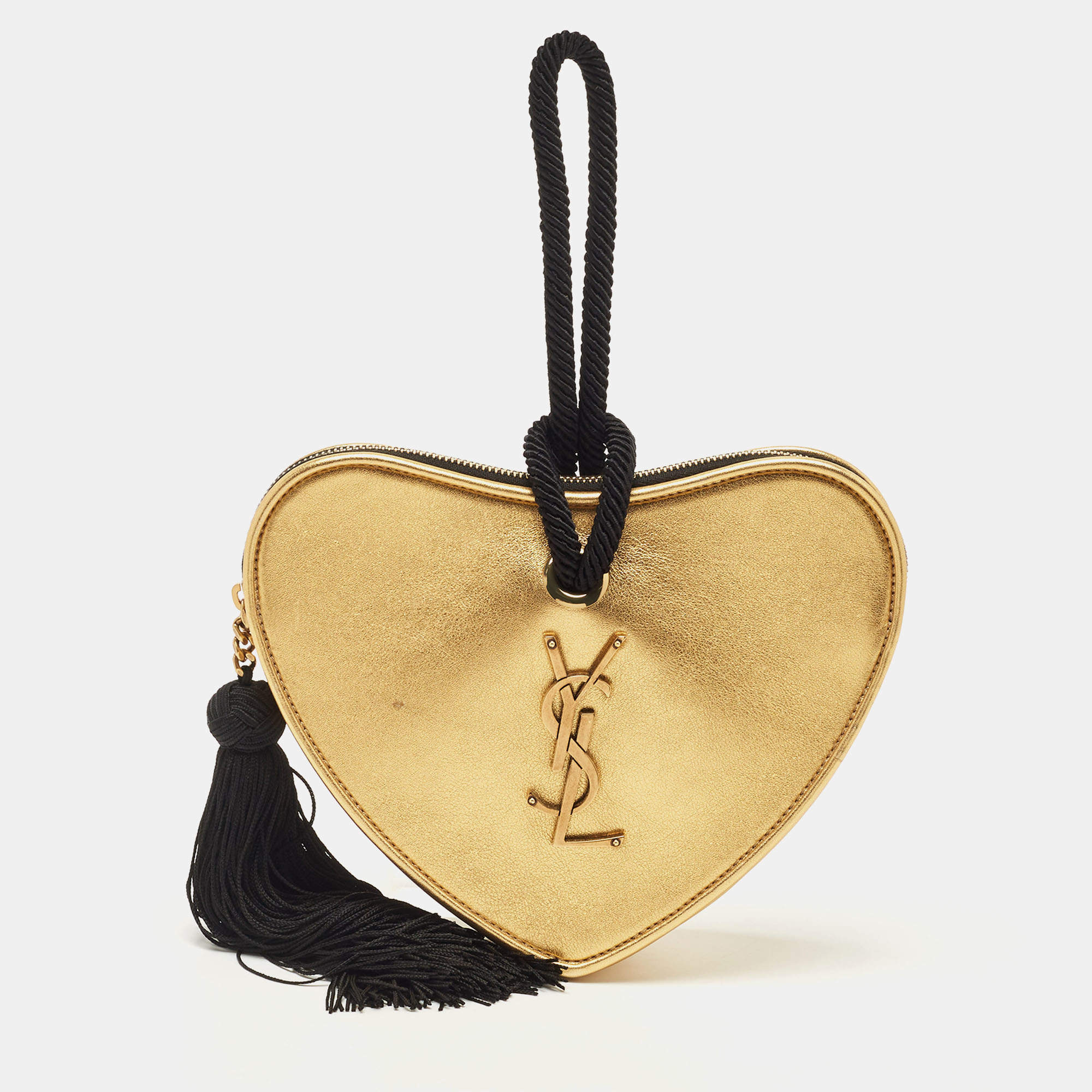 Pre Owned Saint Laurent Gold Leather Monogram Heart Clutch