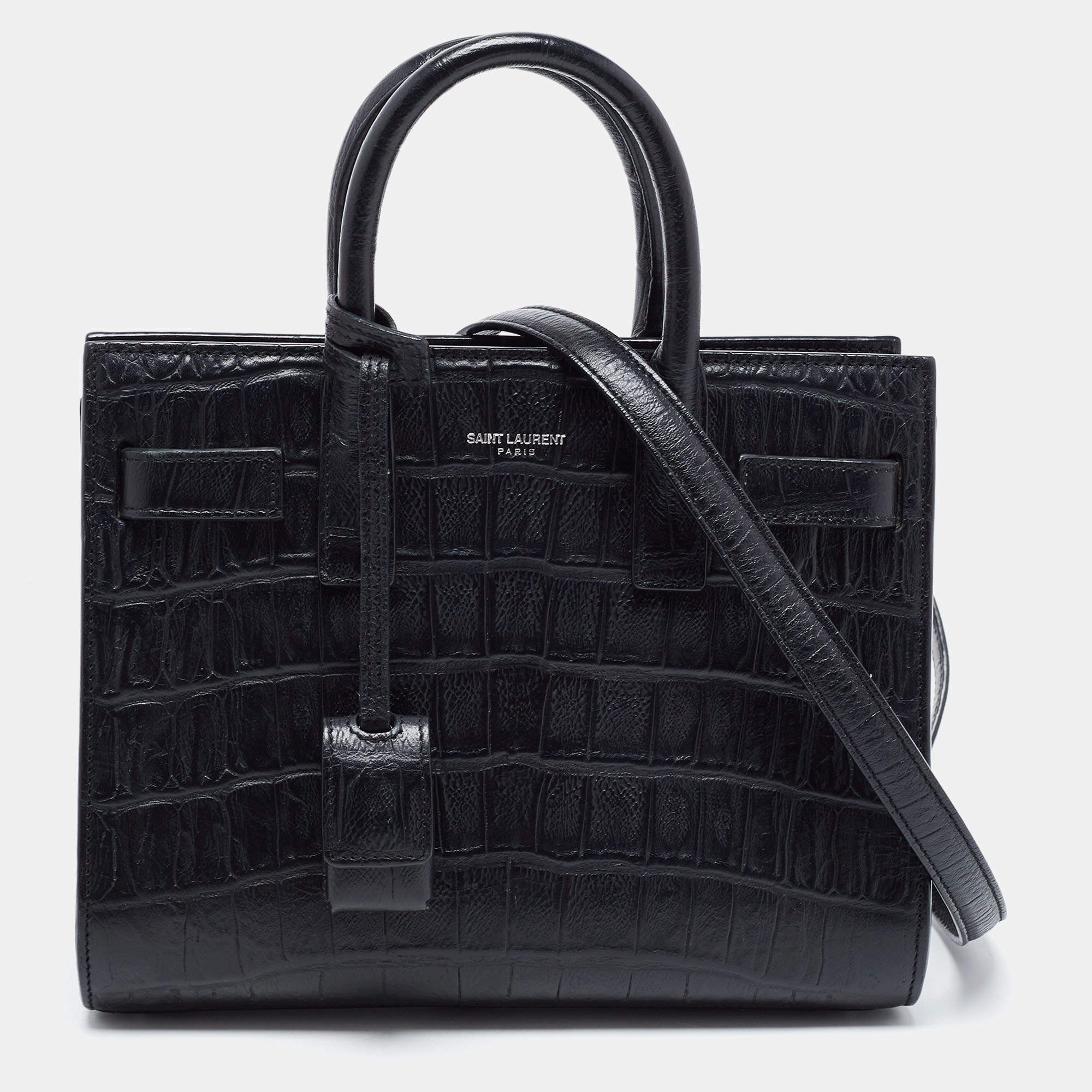 Pre Owned Saint Laurent Black Croc Leather Nano Classic Sac De Jour Tote