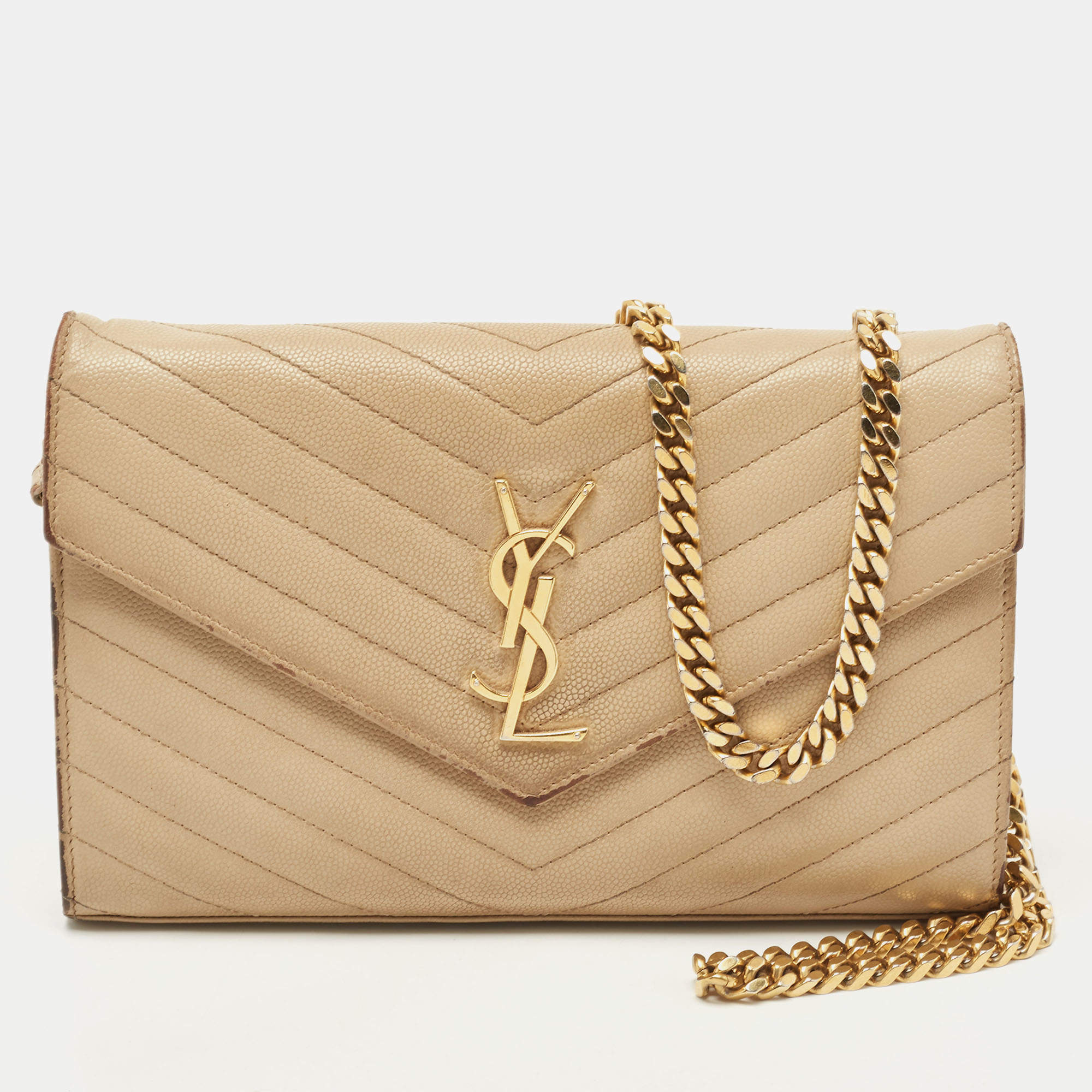 Pre Owned Saint Laurent Beige Matelassé Leather Cassandre Wallet on Chain