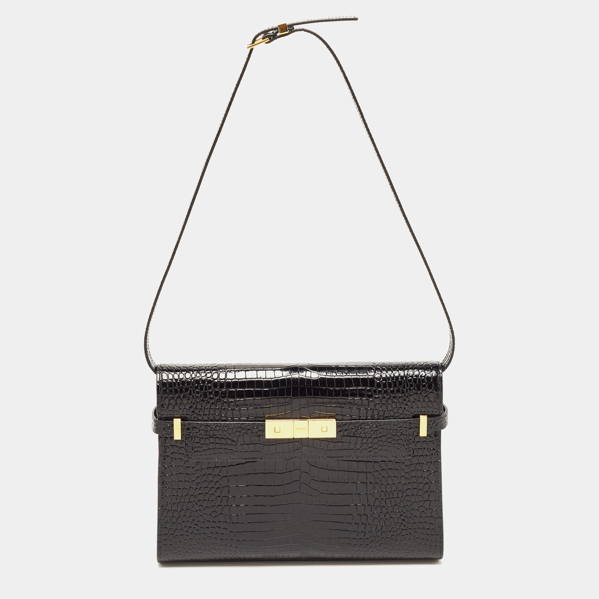 Pre Owned Saint Laurent Black Croc Embossed Leather Manhattan Shoulder Bag