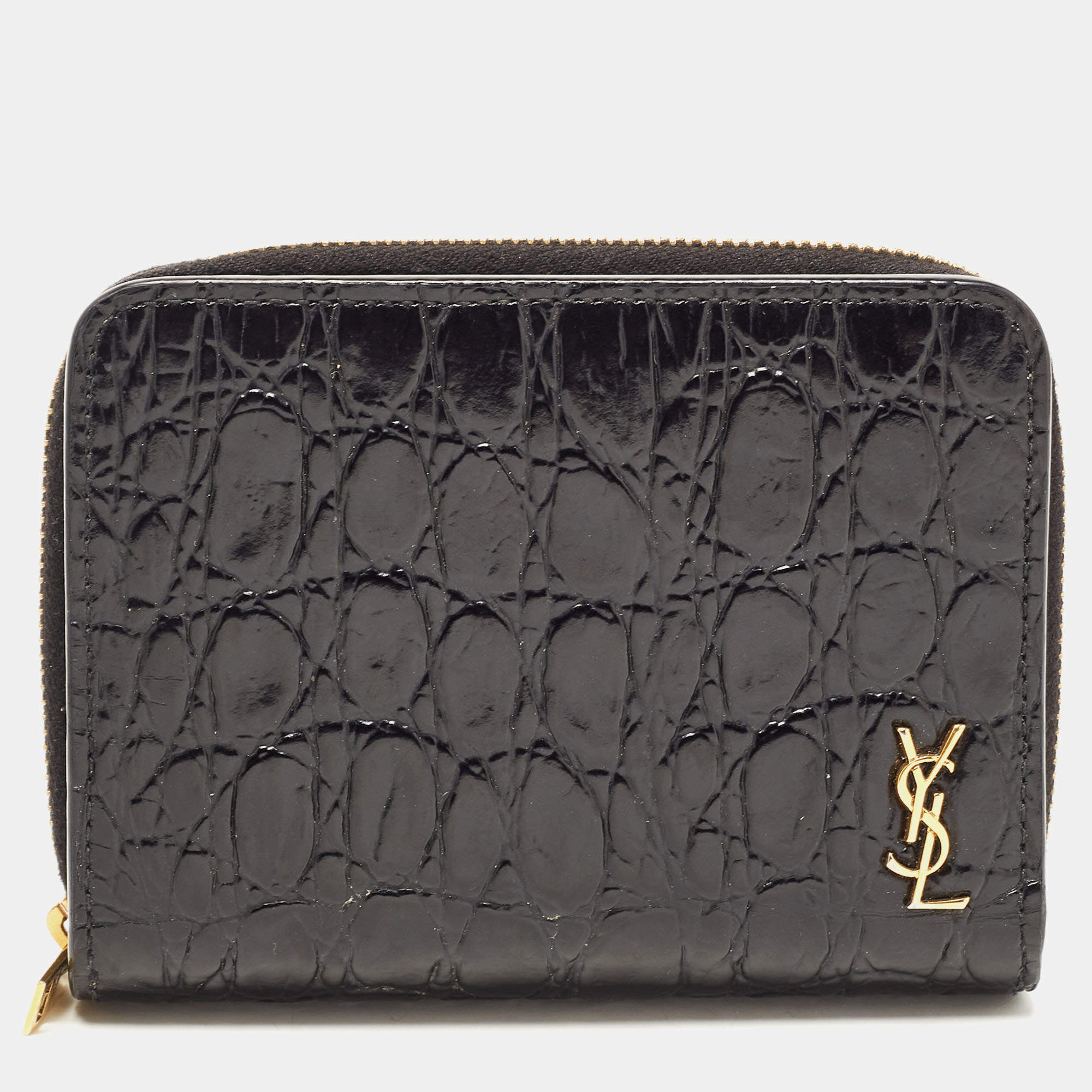 Shop Saint Laurent MONOGRAM ZIP-AROUND WALLET IN CROCODILE