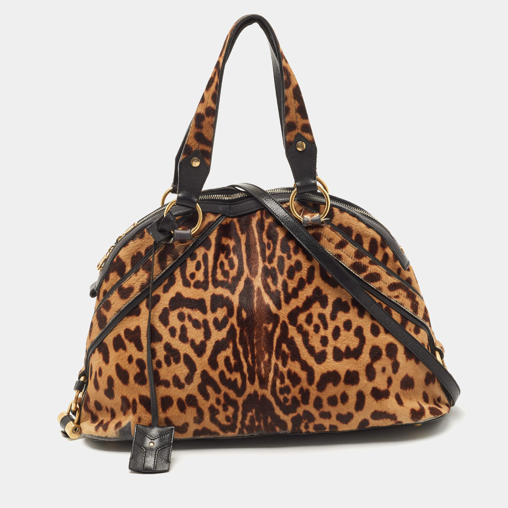Saint Laurent Black/Brown Leopard Print Calfhair and Leather Muse Satchel