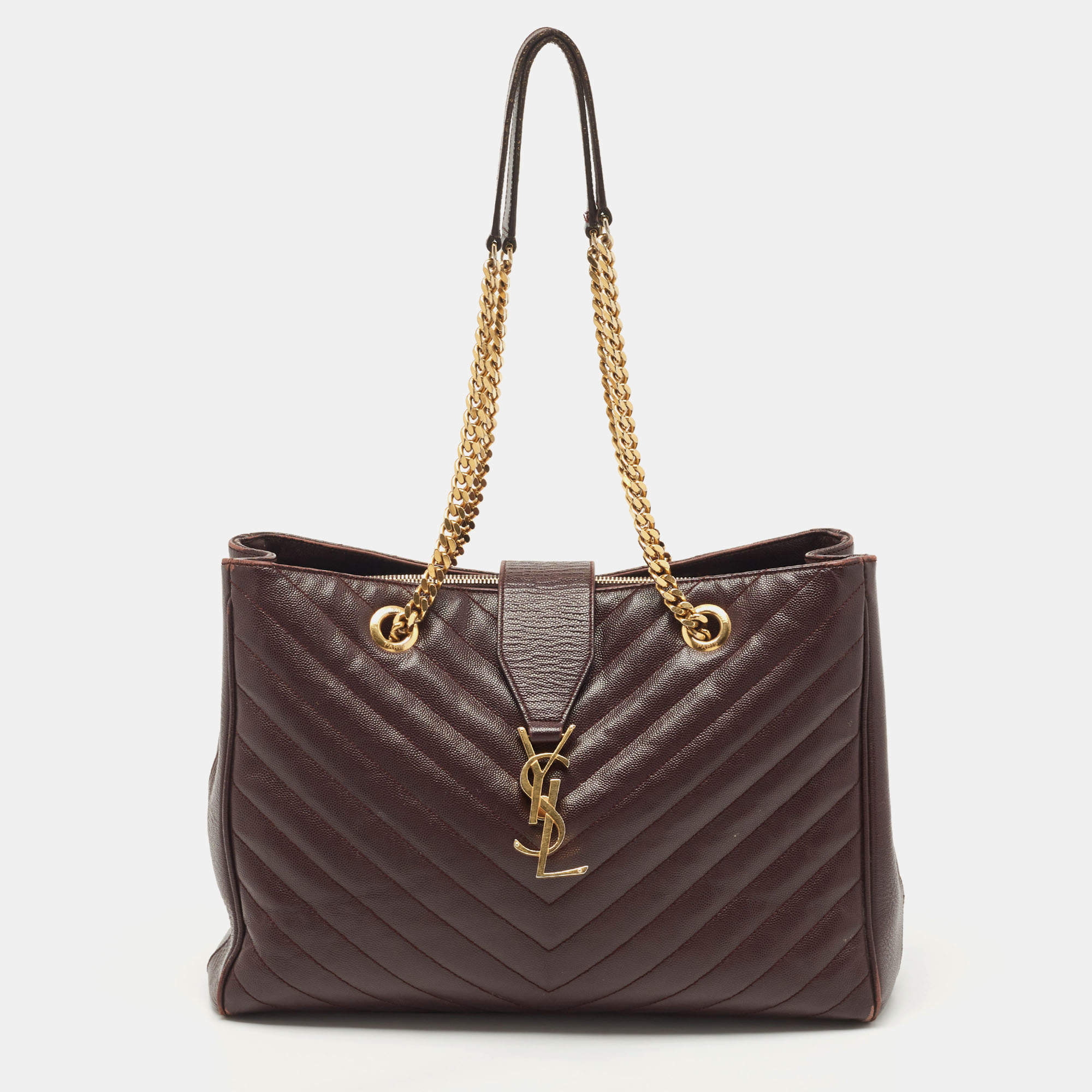 Pre Owned Saint Laurent Burgundy Chevron Leather Cassandre Chain Tote