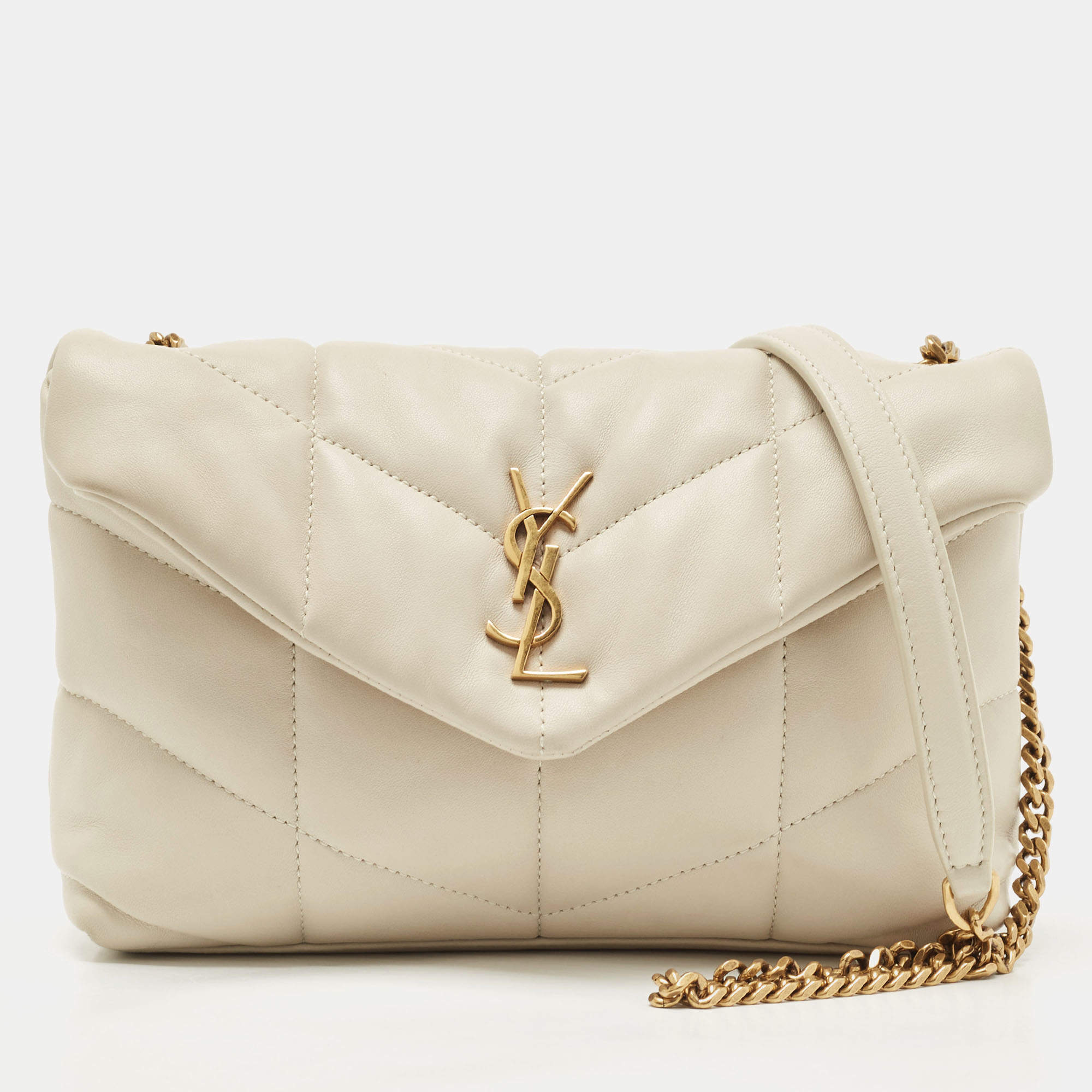Pre Owned Saint Laurent White Quilted Leather Mini Puffer Toy Flap Bag