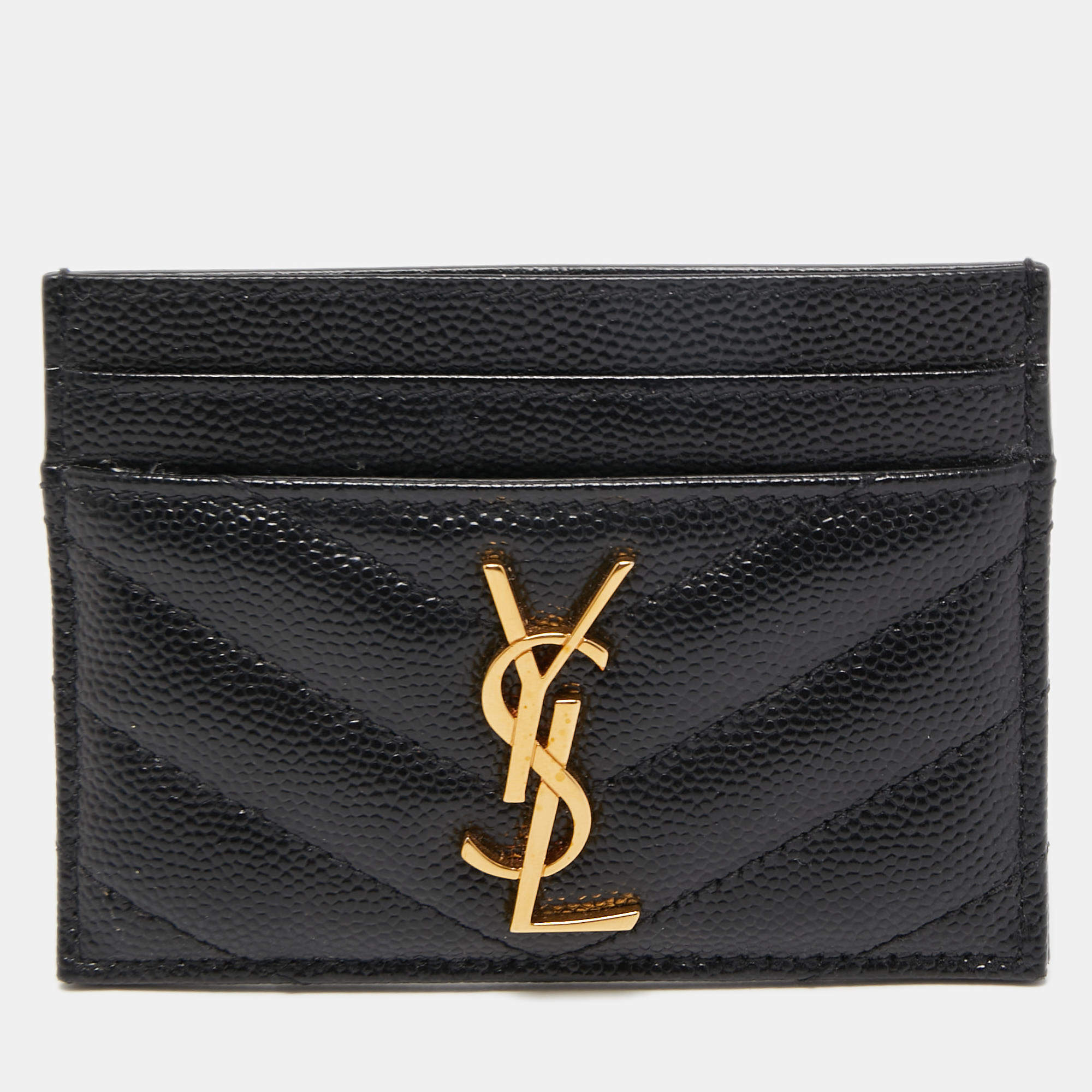 Pre Owned Saint Laurent Black Matelassé Leather Monogram Card Holder