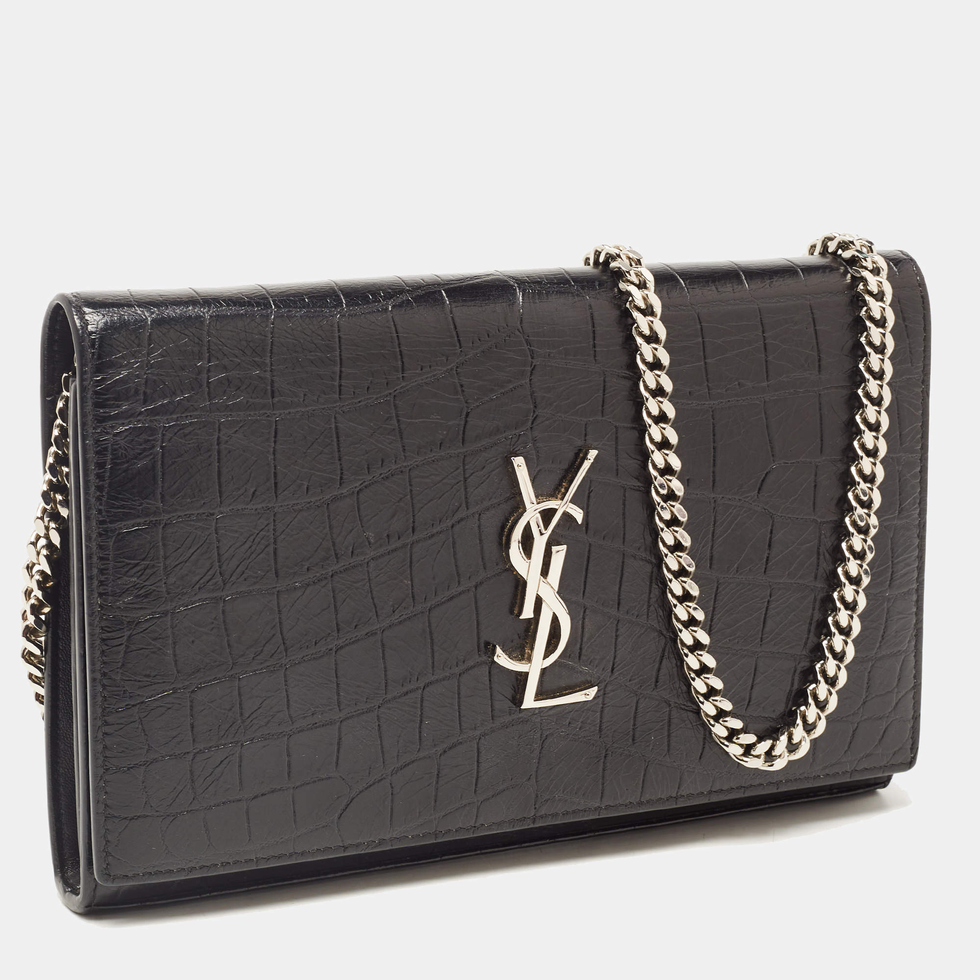 Black Crocodile 'YSL' Embossed Chain Bag