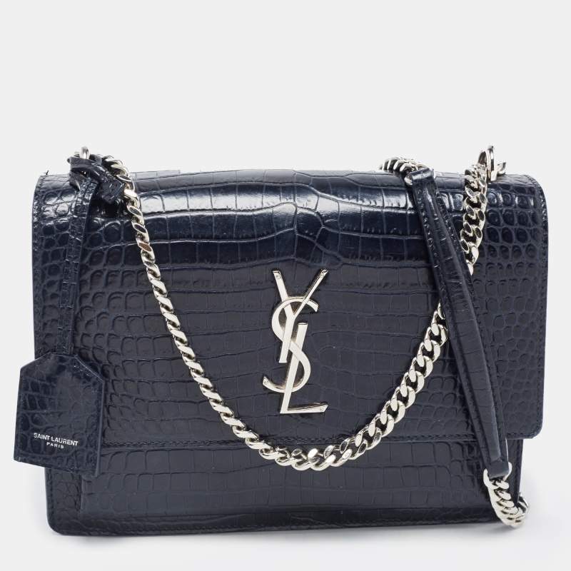 Pre Owned Saint Laurent Navy Blue Croc Embossed Leather Medium Sunset Shoulder Bag