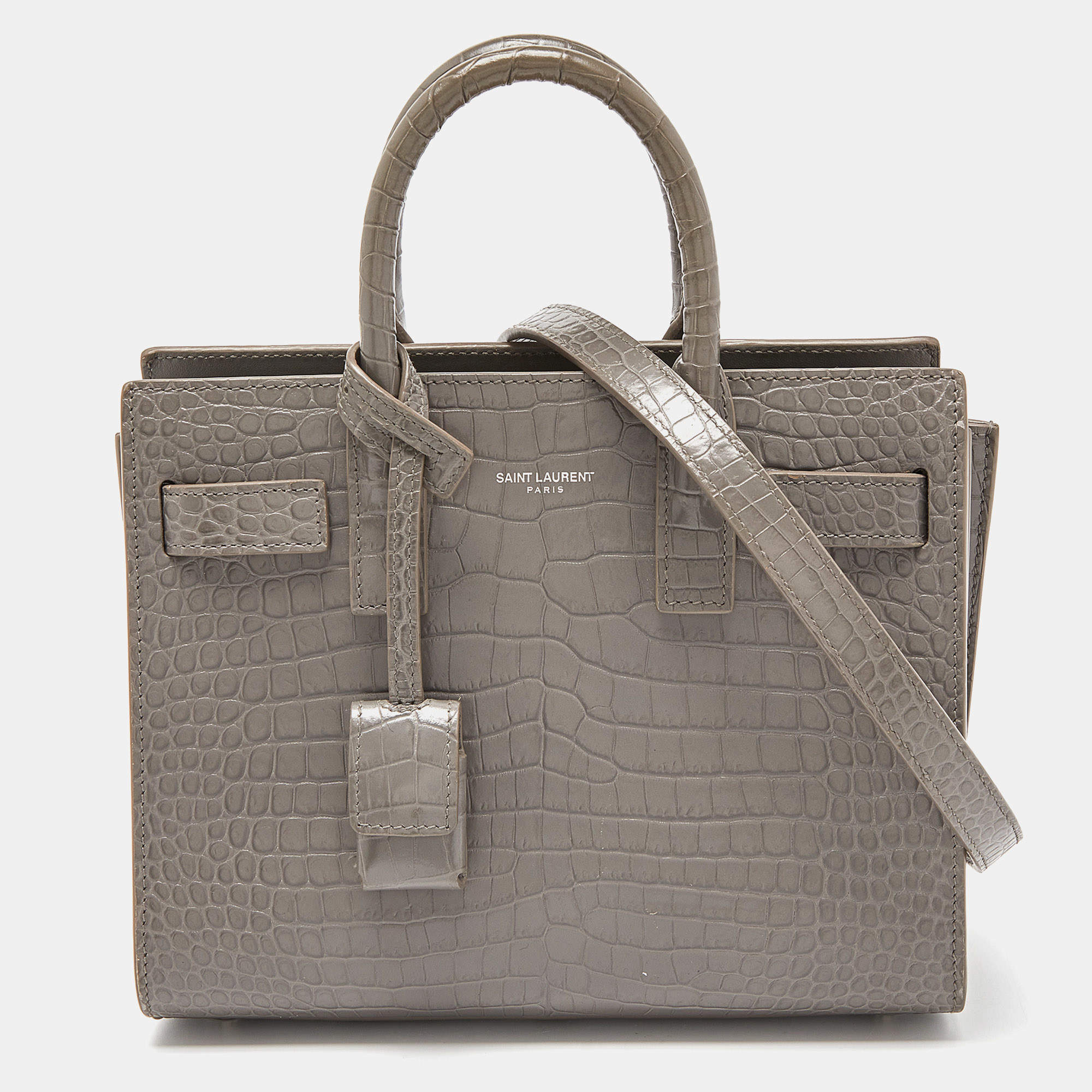 Pre Owned Saint Laurent Grey Croc Embossed Leather Nano Classic Sac De Jour Tote