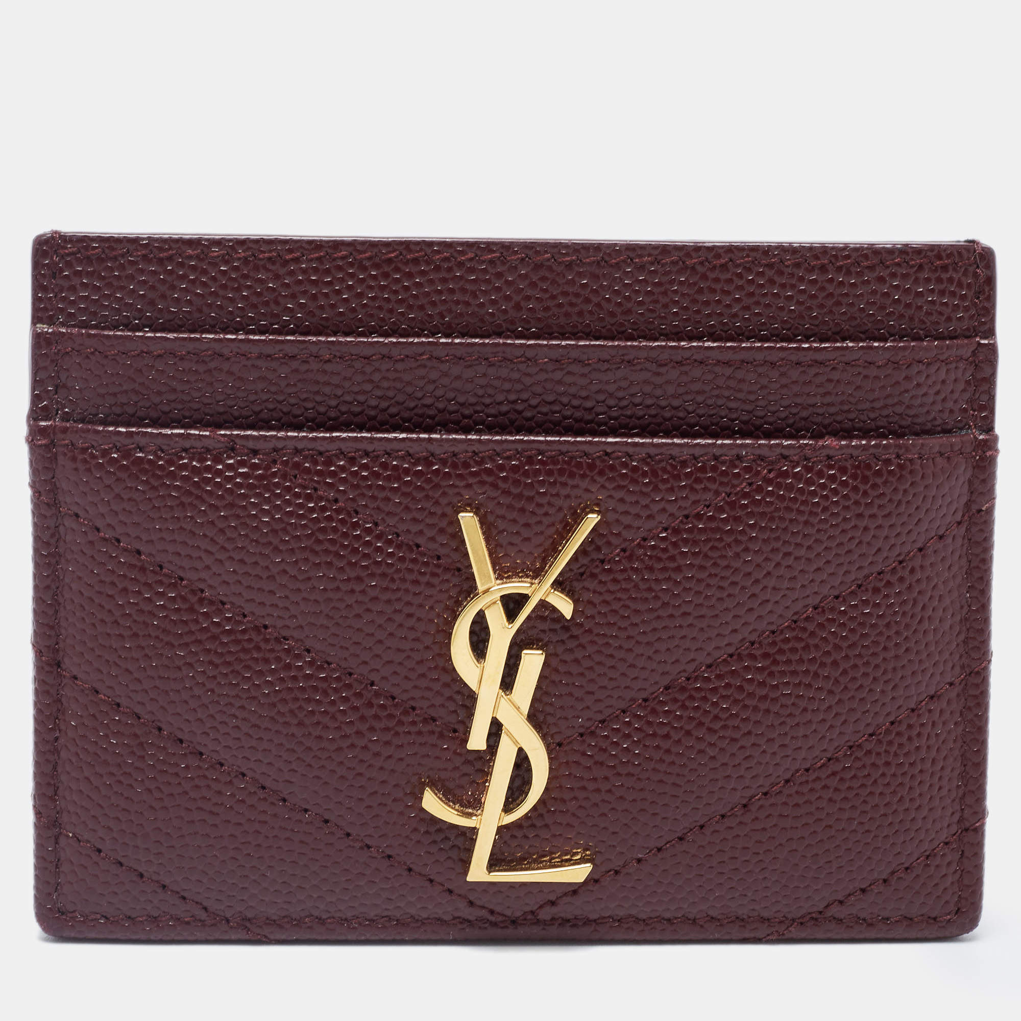 Pre Owned Saint Laurent Burgundy Matelasse Leather Monogram Card Holder